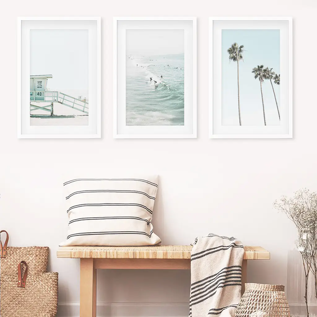 California Coastal Set of 3 Prints. Lifeguard, Surfers, Palms - Image 4