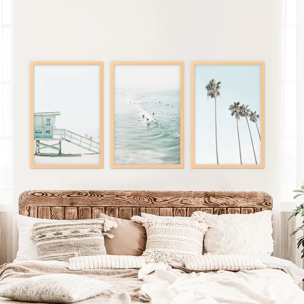 California Coastal Set of 3 Prints. Lifeguard, Surfers, Palms - Image 7