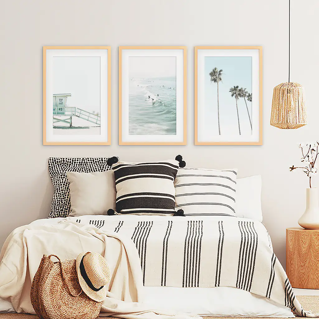 California Coastal Set of 3 Prints. Lifeguard, Surfers, Palms - Image 8