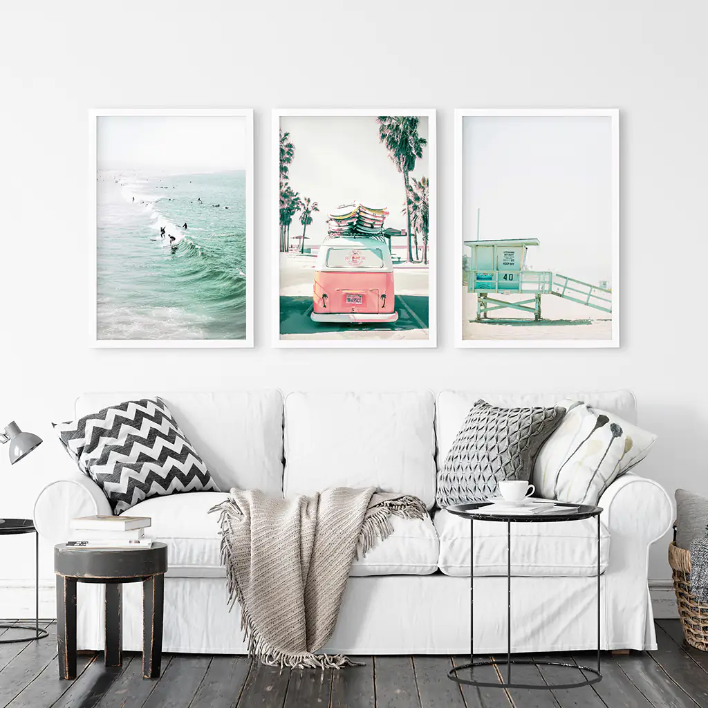 California Travel Wall Art Set. Pink Bus, Lifeguard, Surfers - Image 2