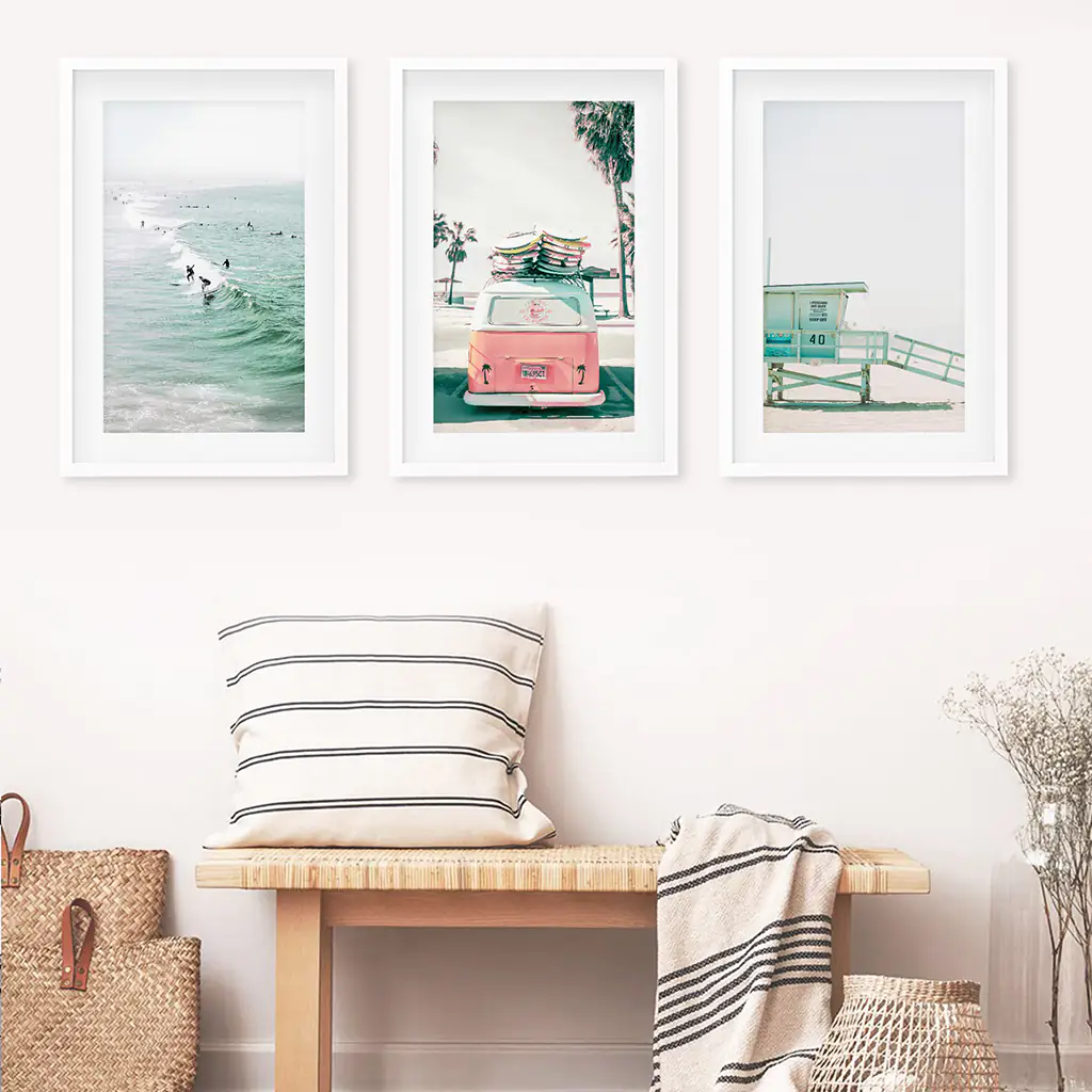California Travel Wall Art Set. Pink Bus, Lifeguard, Surfers - Image 5