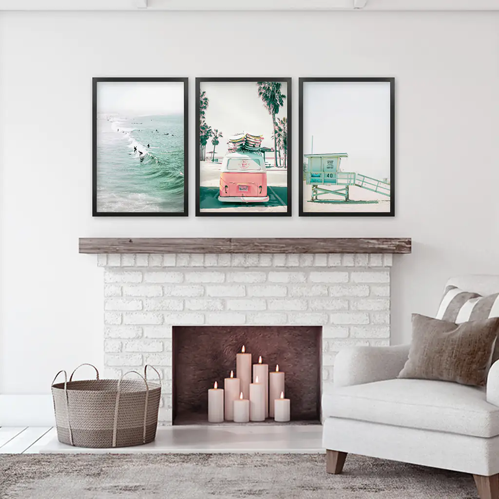 California Travel Wall Art Set. Pink Bus, Lifeguard, Surfers - Image 6