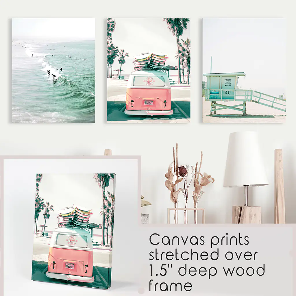 California Travel Wall Art Set. Pink Bus, Lifeguard, Surfers - Image 9