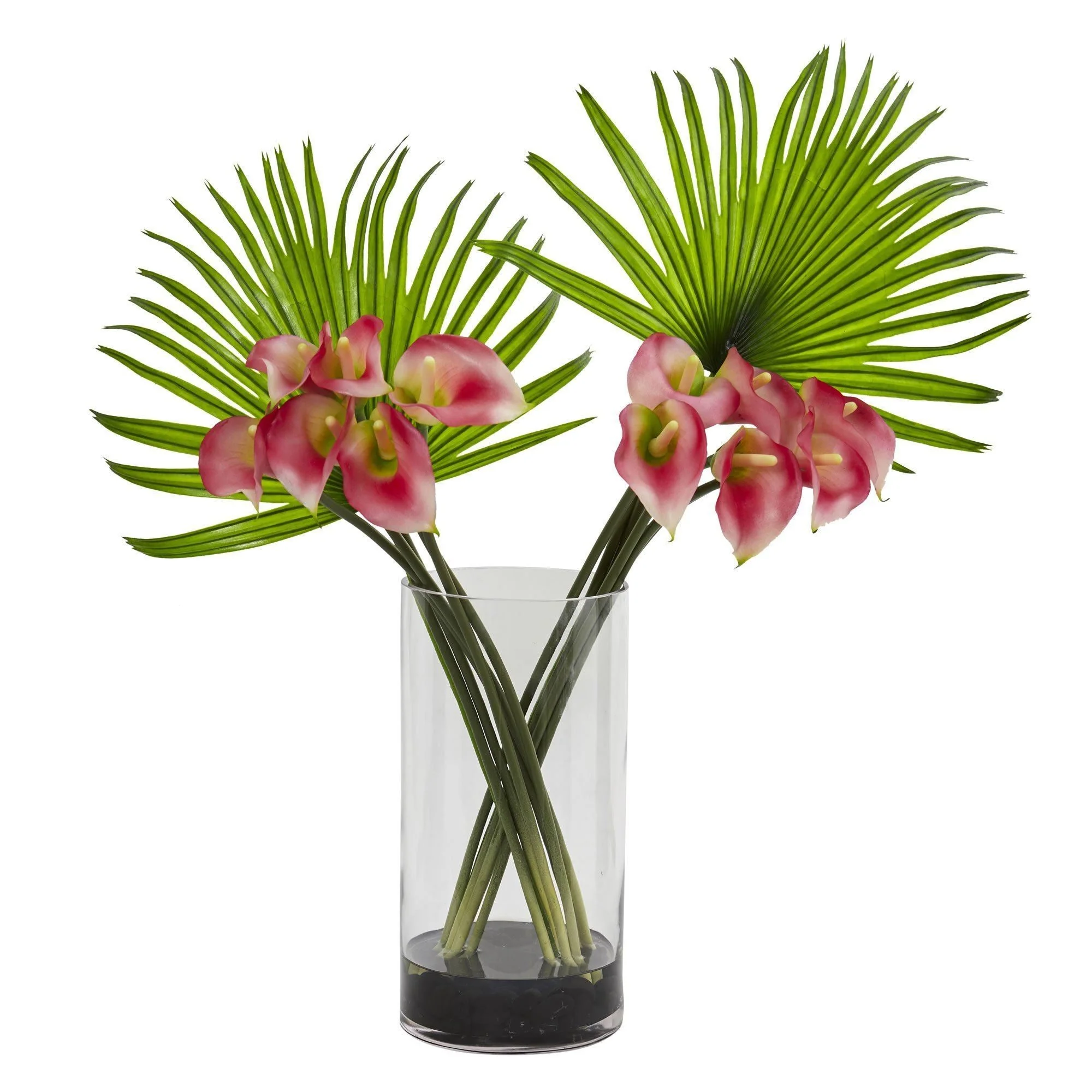Calla Lily and Fan Palm Artificial Arrangement in Cylinder Glass - Image 2