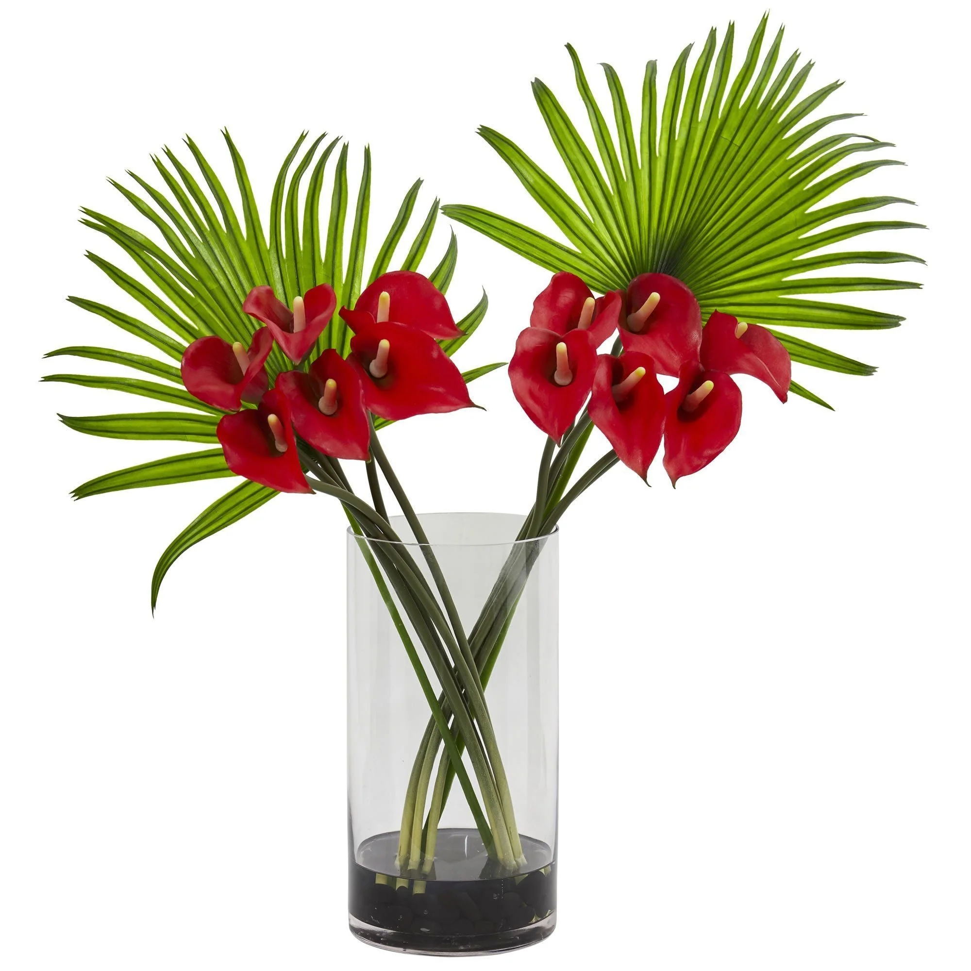 Calla Lily and Fan Palm Artificial Arrangement in Cylinder Glass - Image 3