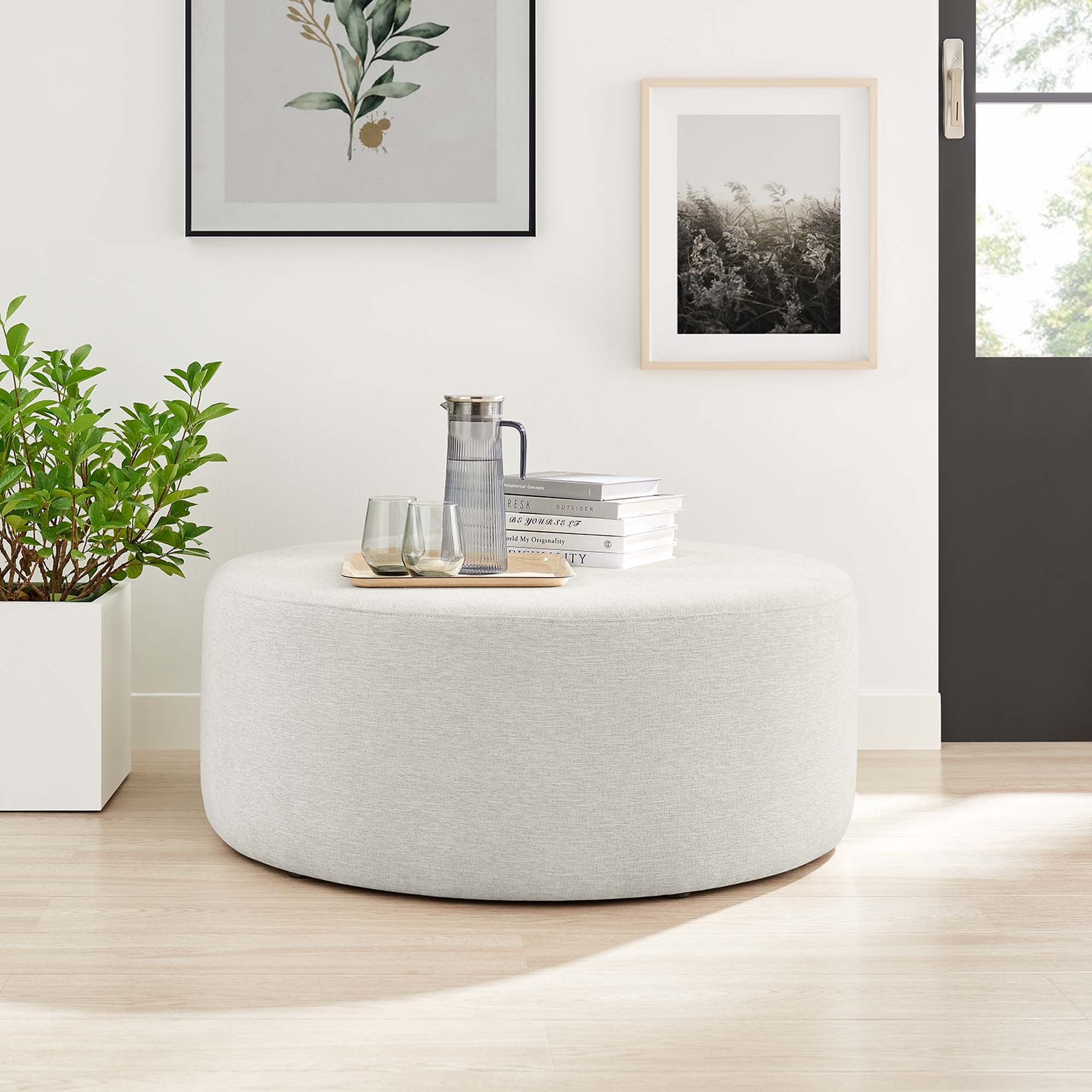 Callum Large 38" Round Woven Heathered Fabric Upholstered Ottoman - Image 10