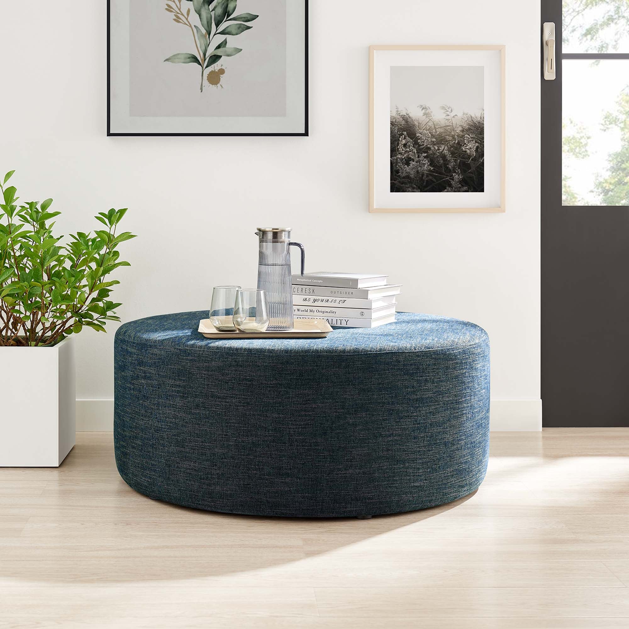 Callum Large 38" Round Woven Heathered Fabric Upholstered Ottoman - Image 11