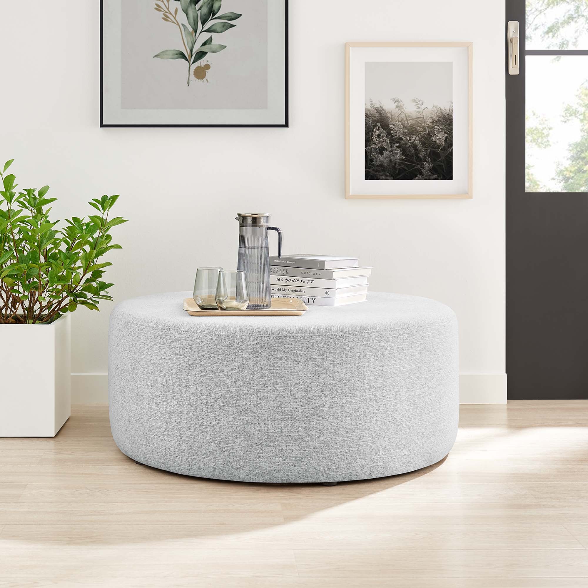 Callum Large 38" Round Woven Heathered Fabric Upholstered Ottoman - Image 6