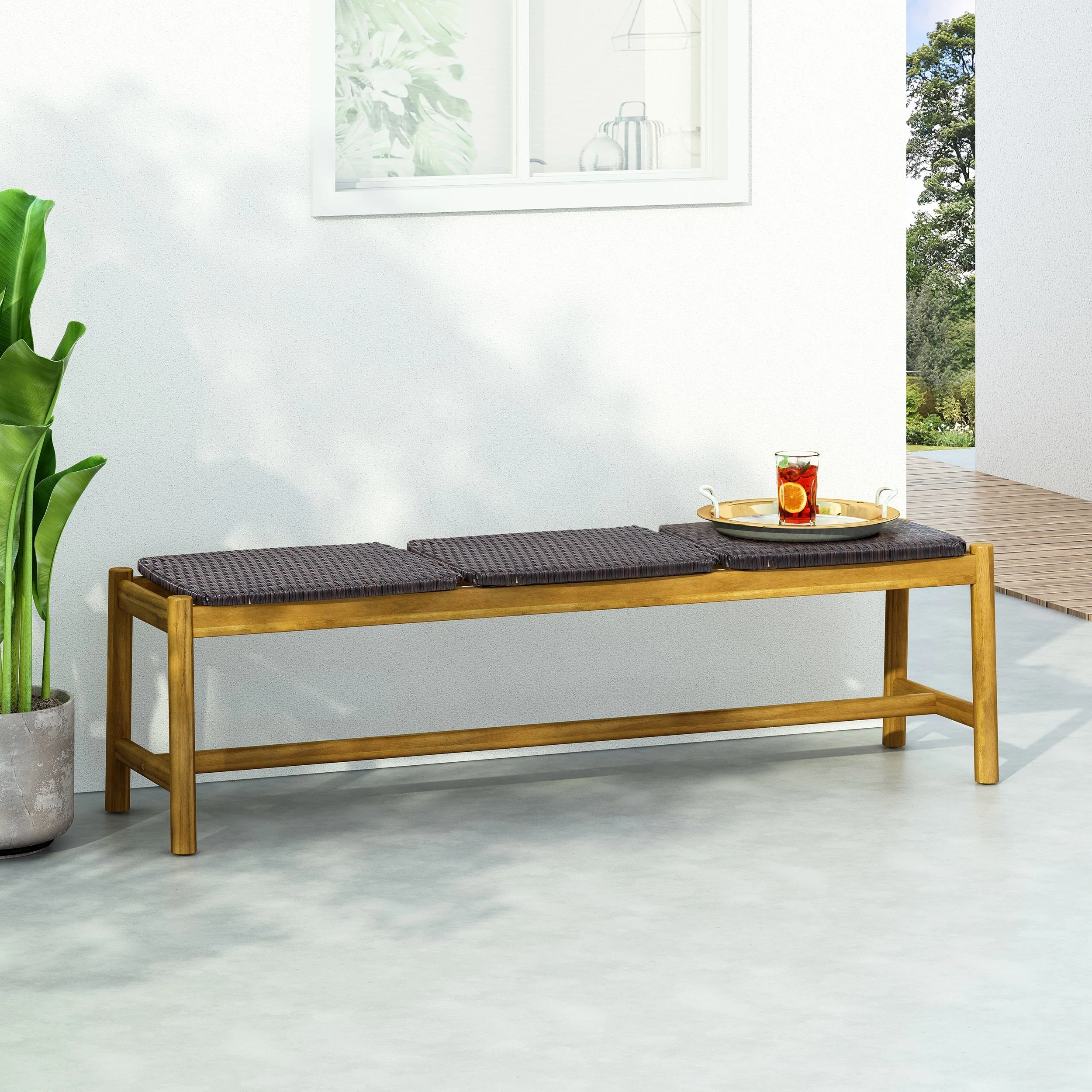 Cambria Rustic 3-Seater Bench with Teak Finish Acacia Wood - Image 2