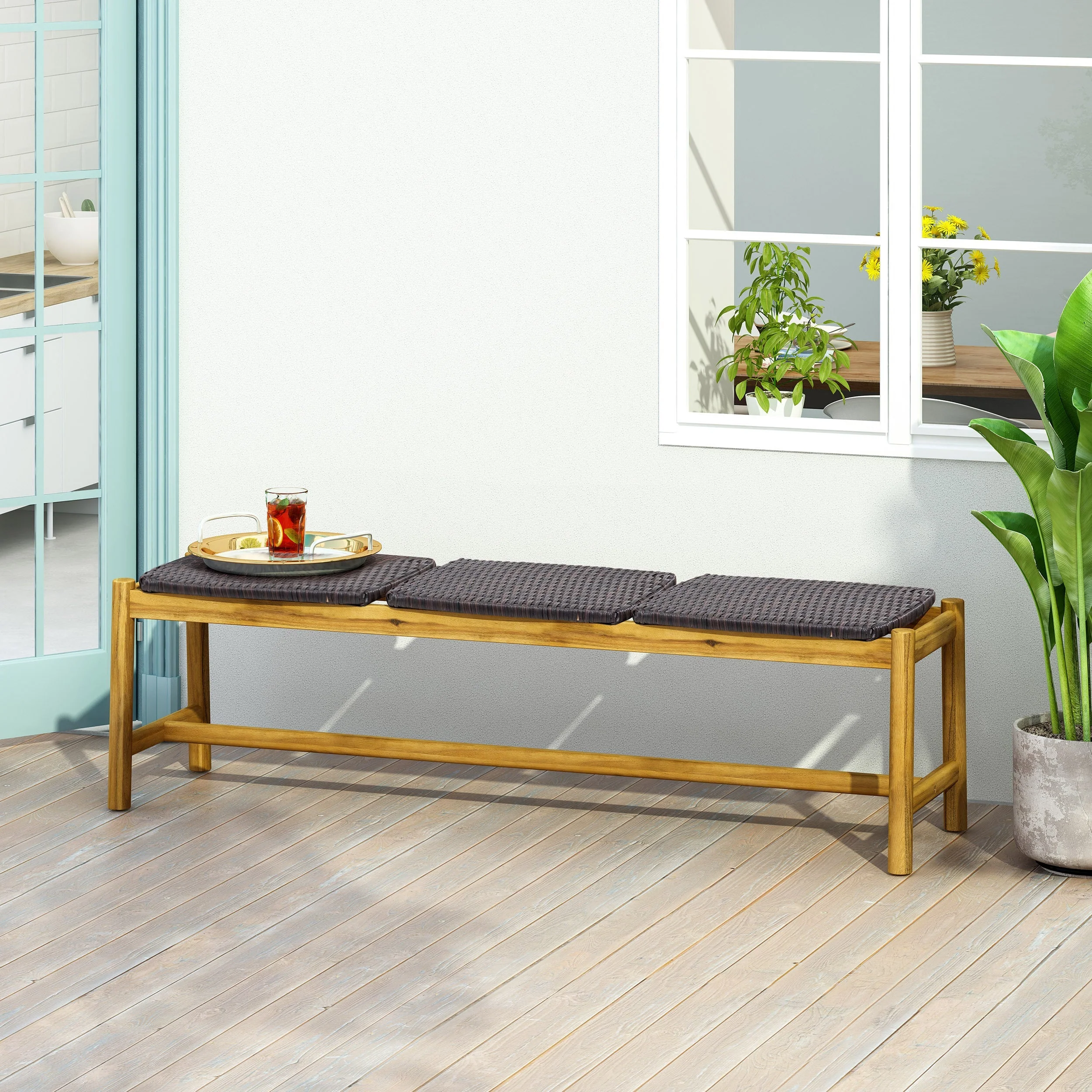 Cambria Rustic 3-Seater Bench with Teak Finish Acacia Wood - Image 4