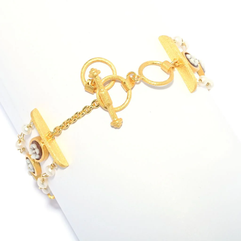 Cameo Italiano 18K Gold Plated "Anastasia" Flower Cameo & Cultured Pearl Bracelet - Image 2
