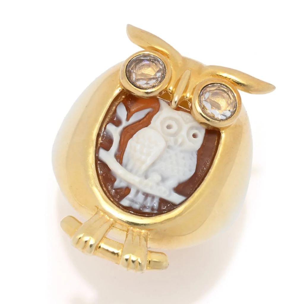 Cameo Italiano 18K Gold Plated "Musical" Owl Simulated Diamond Shell Cameo Ring - Image 3