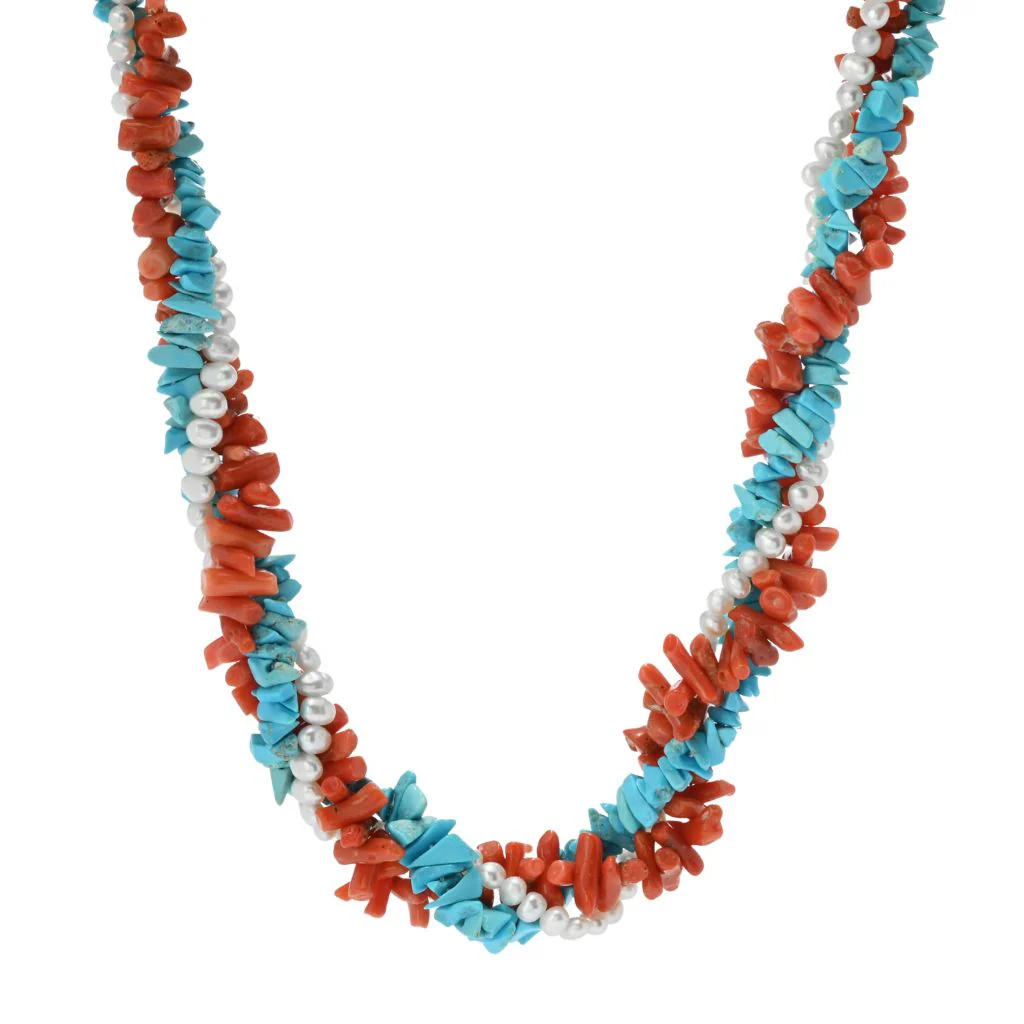 Cameo Italiano "Elements" Coral, Cultured Pearl & Turquoise Torsade 22"+2" Necklace - Image 3
