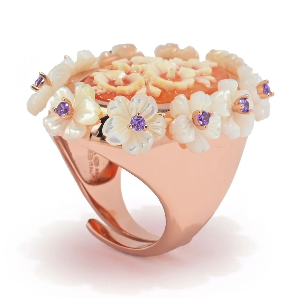 Cameo Italiano "Mucha" Flowers Shell Cameo, Mother-of-Pearl & Simulated Gem Ring - Image 2
