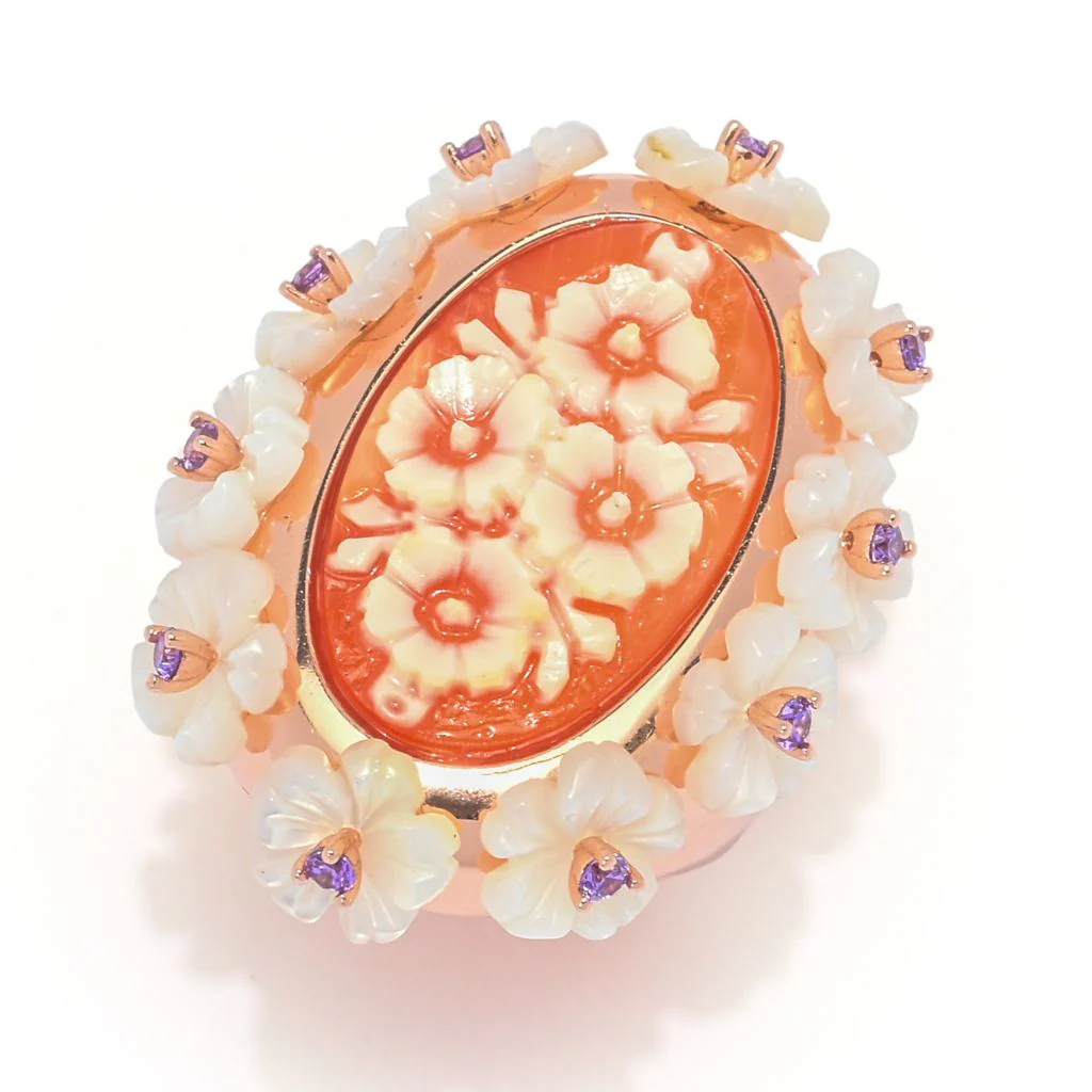 Cameo Italiano "Mucha" Flowers Shell Cameo, Mother-of-Pearl & Simulated Gem Ring - Image 3