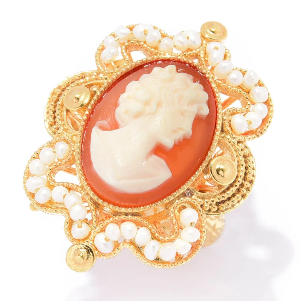 Cameo Italiano "Victoria" 18x13mm Portrait Cameo & Cultured Pearl Milgrain Ring - Image 3