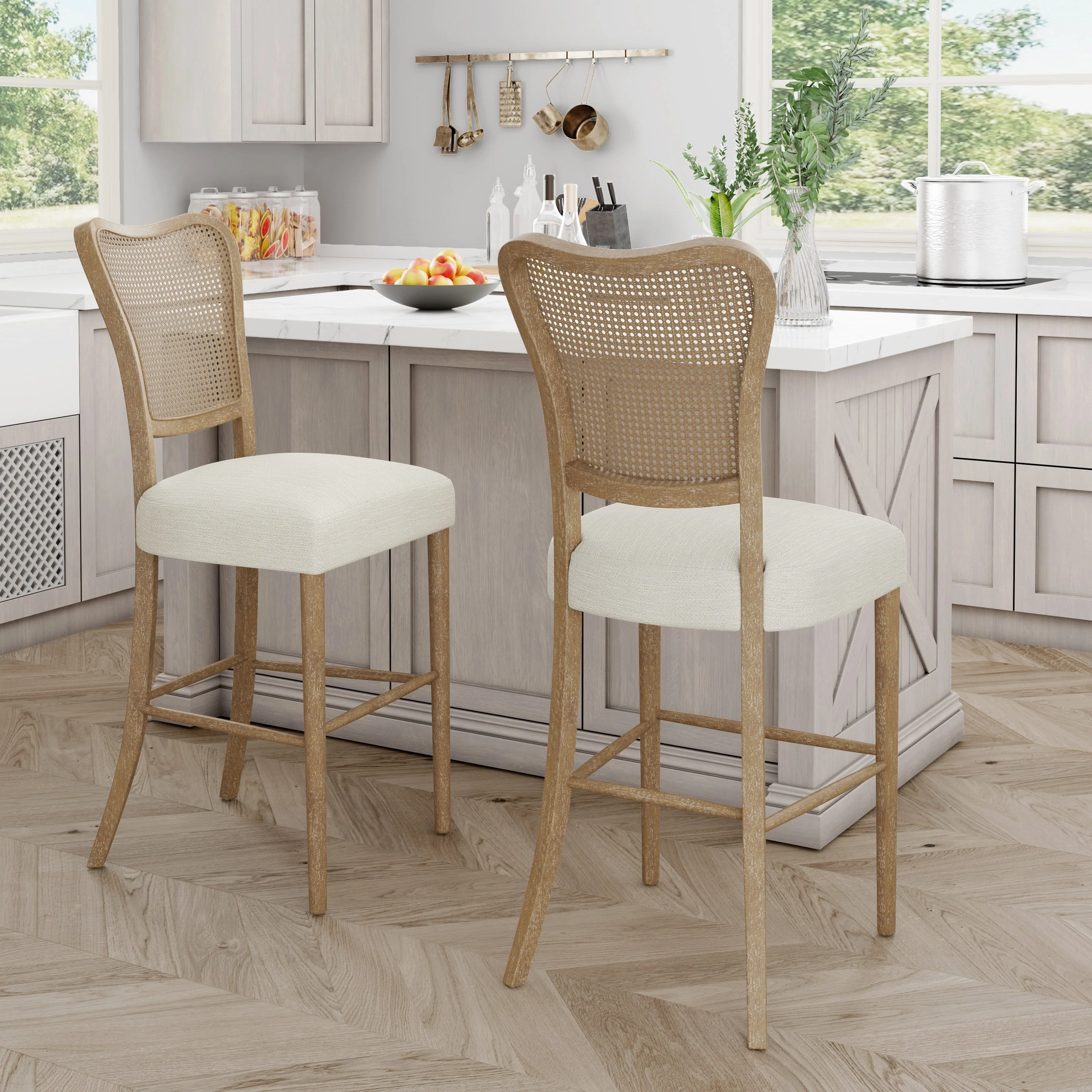 Cane-Back Upholstered Bar Stools Set of 2 - Image 2