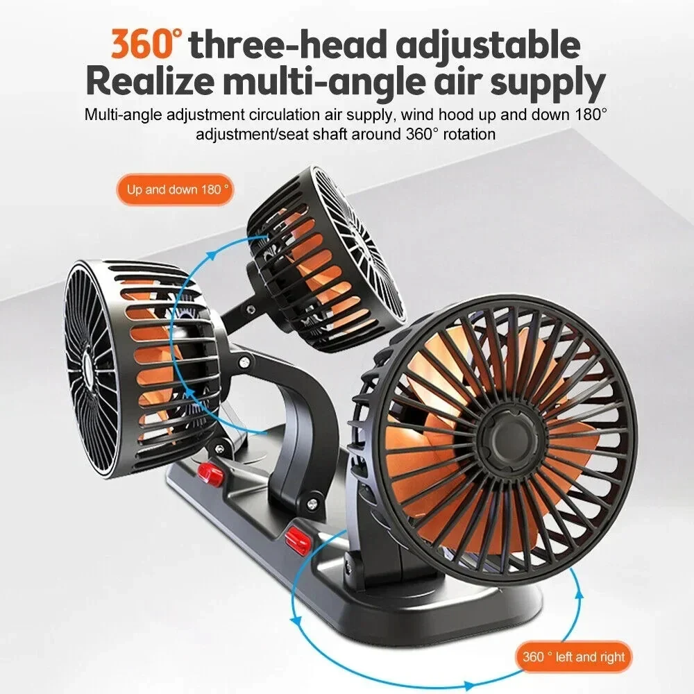 Car Cooling Fan Dual Head 360° Rotating 12V/24V USB - Image 2