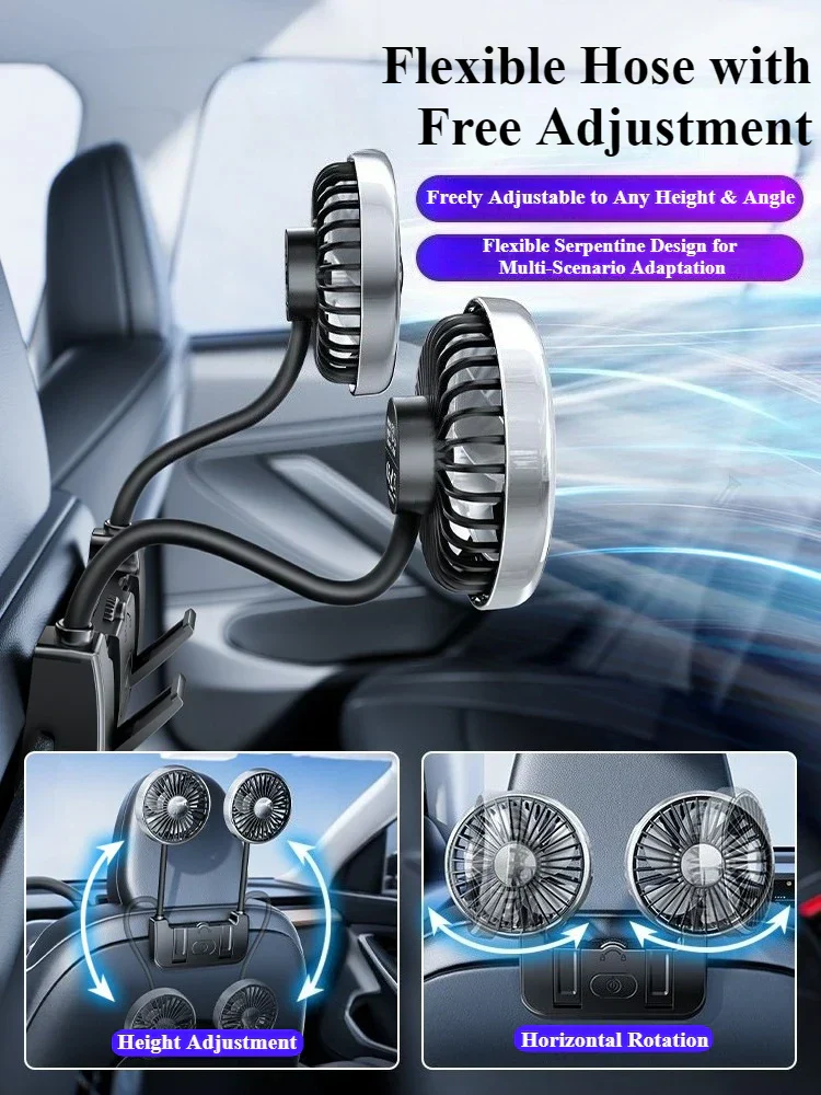 Car Rear Seat Fan Dual Head USB-C 360° Rotation 3-Speed - Image 3
