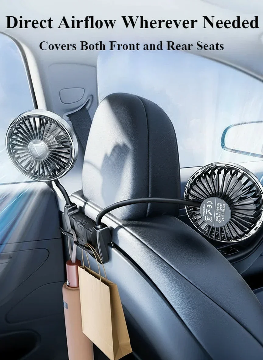 Car Rear Seat Fan Dual Head USB-C 360° Rotation 3-Speed - Image 4