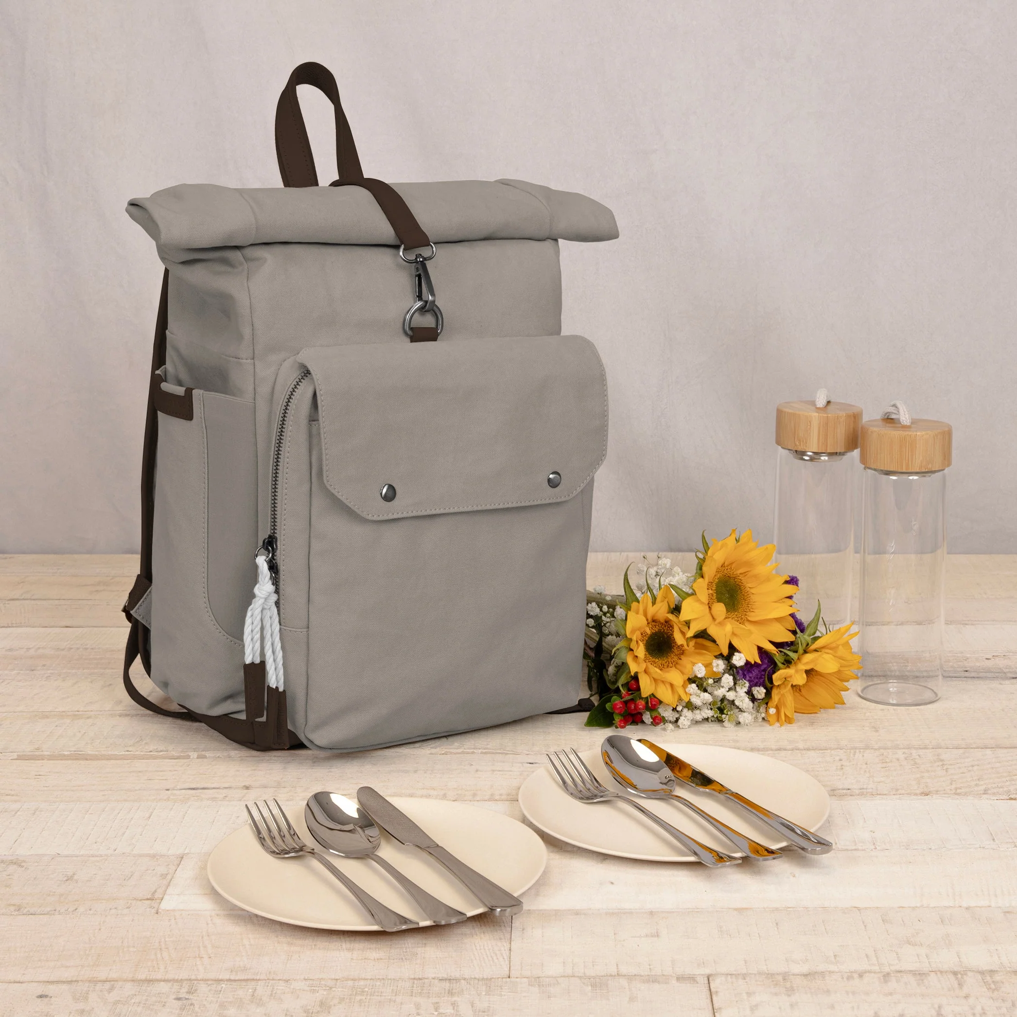 Carmel Roll Top Picnic Backpack Cooler with Utensil Set & Glass Water Bottles - Image 14