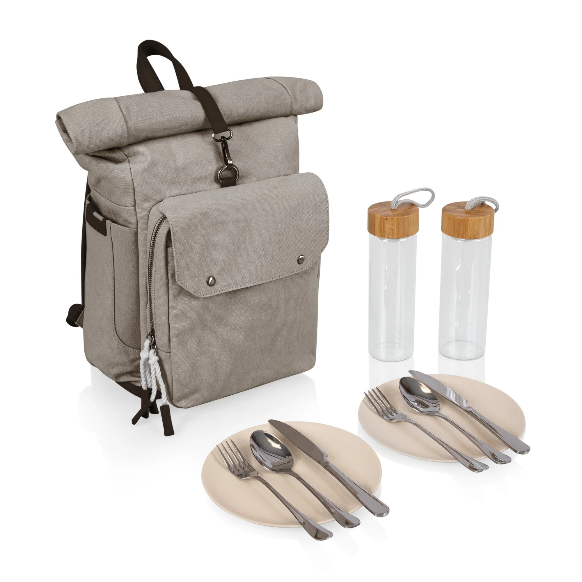 Carmel Roll Top Picnic Backpack Cooler with Utensil Set & Glass Water Bottles - Image 15