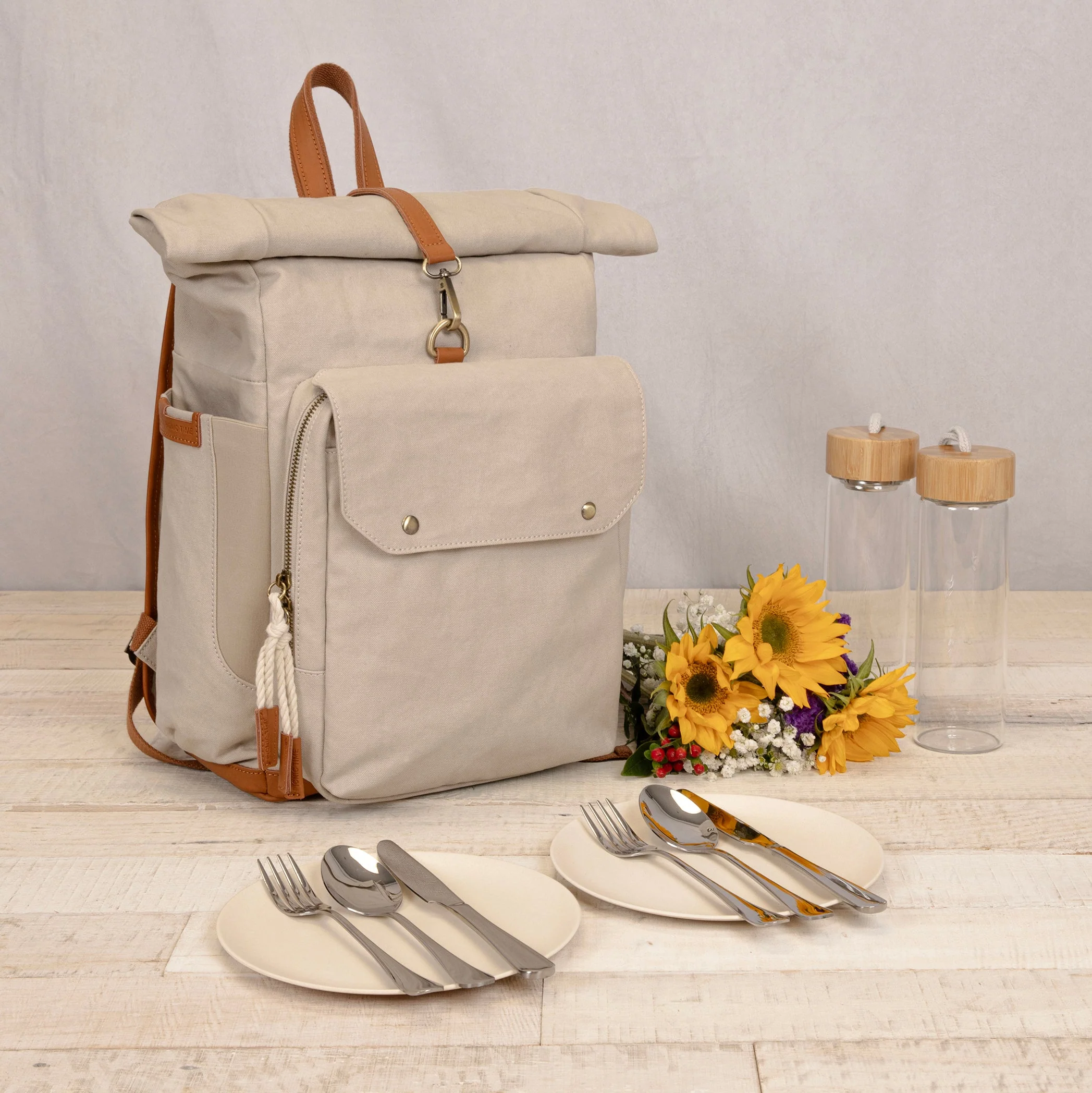 Carmel Roll Top Picnic Backpack Cooler with Utensil Set & Glass Water Bottles - Image 2