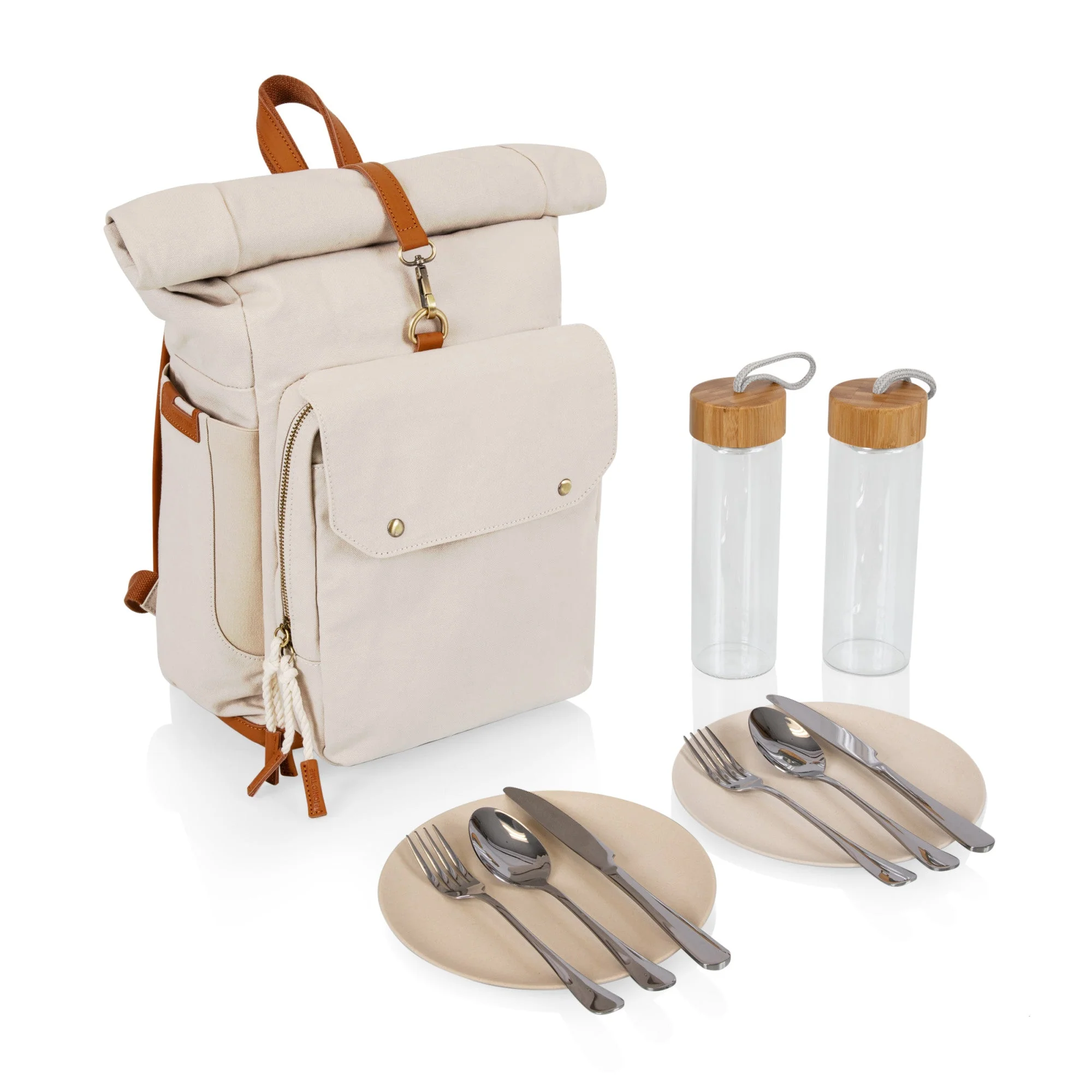 Carmel Roll Top Picnic Backpack Cooler with Utensil Set & Glass Water Bottles - Image 3