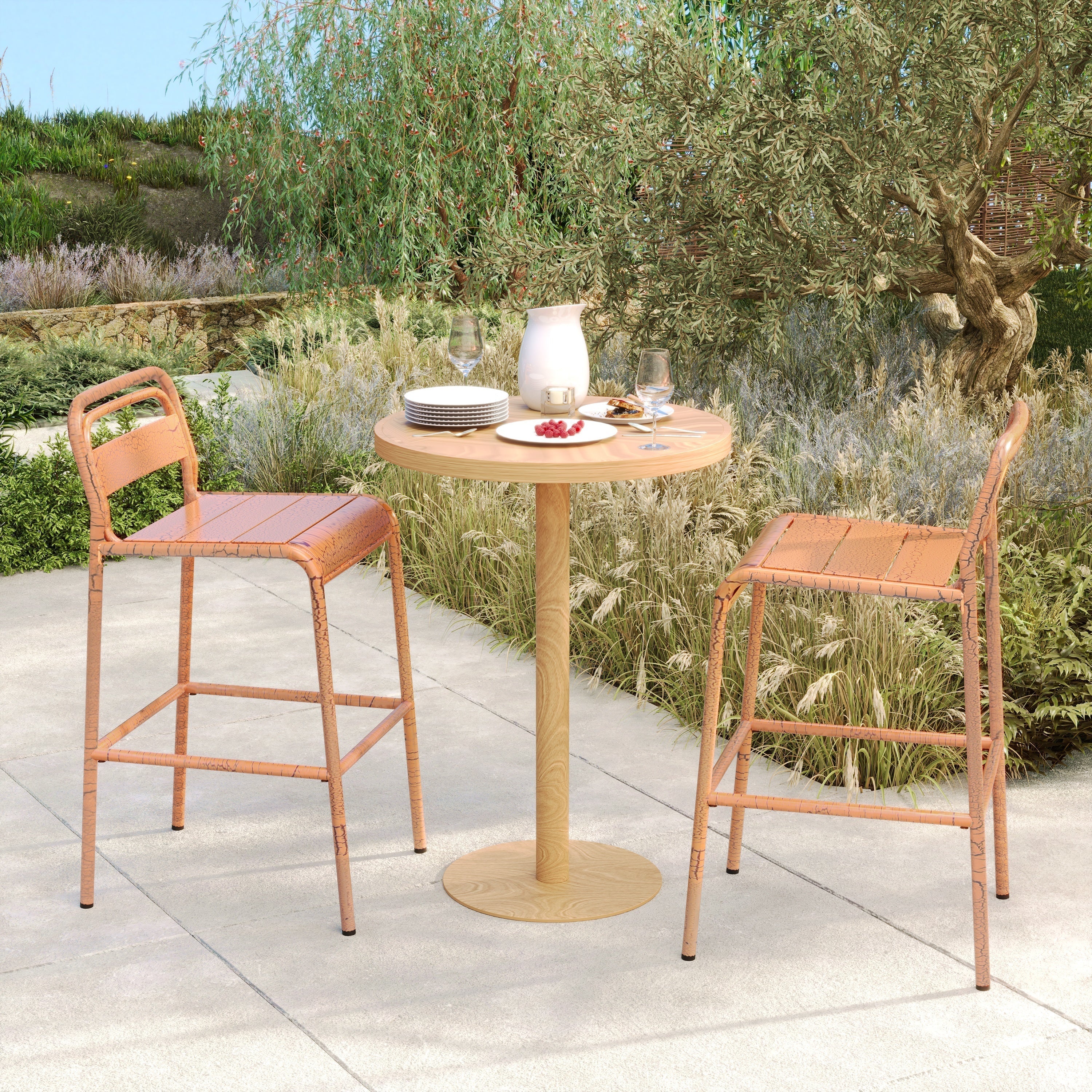 Carmella Outdoor BarStool Set of 2 Iron Slat Design Orange Matte Finish - Image 2