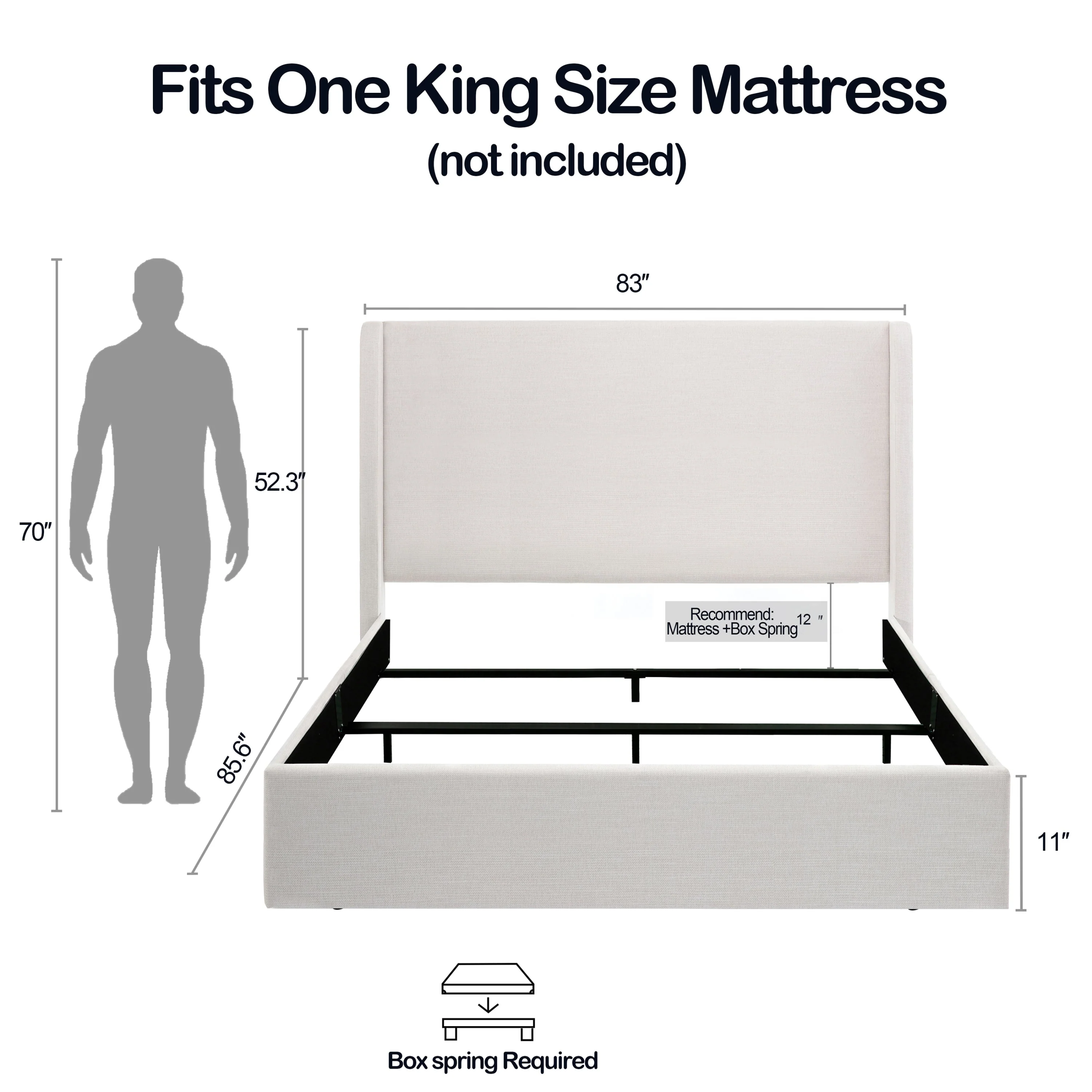 Caron Upholstered Wingback Bed with 52.3' High Headboard in Textured Ivory Canvas Chenille, King Size - Image 3