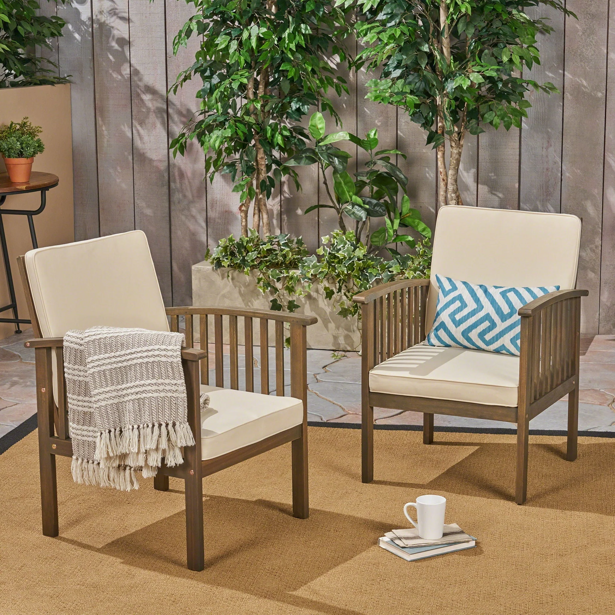 Casa Acacia Wood Club Chairs (Set of 2) With Water Resistant Cushions - Gray / Cream - Image 3