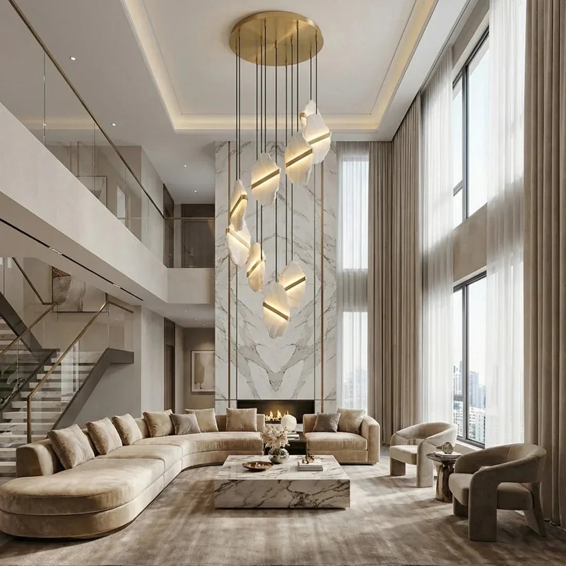 Cascading Alabaster Chandelier LED Gold Modern Staircase Light - Image 11