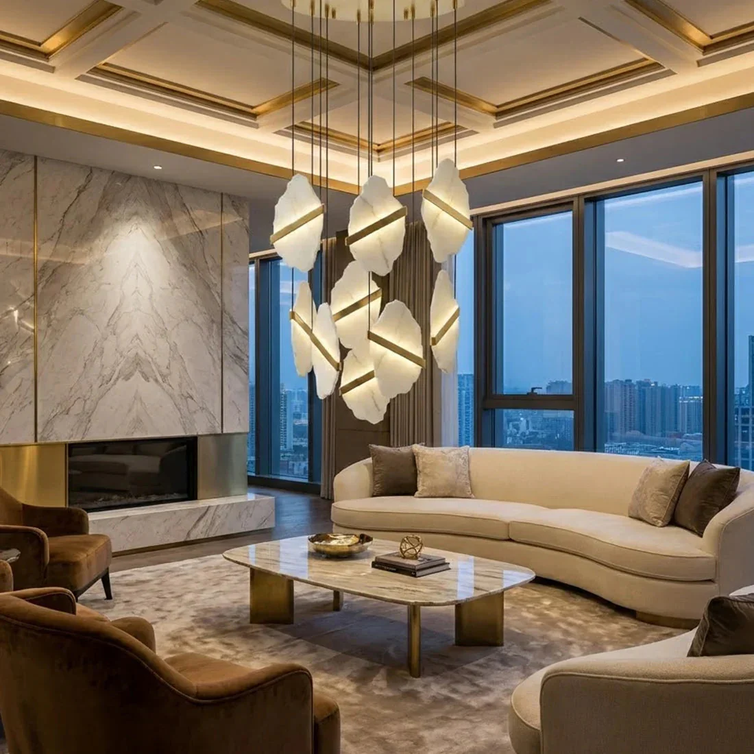 Cascading Alabaster Chandelier LED Gold Modern Staircase Light - Image 4