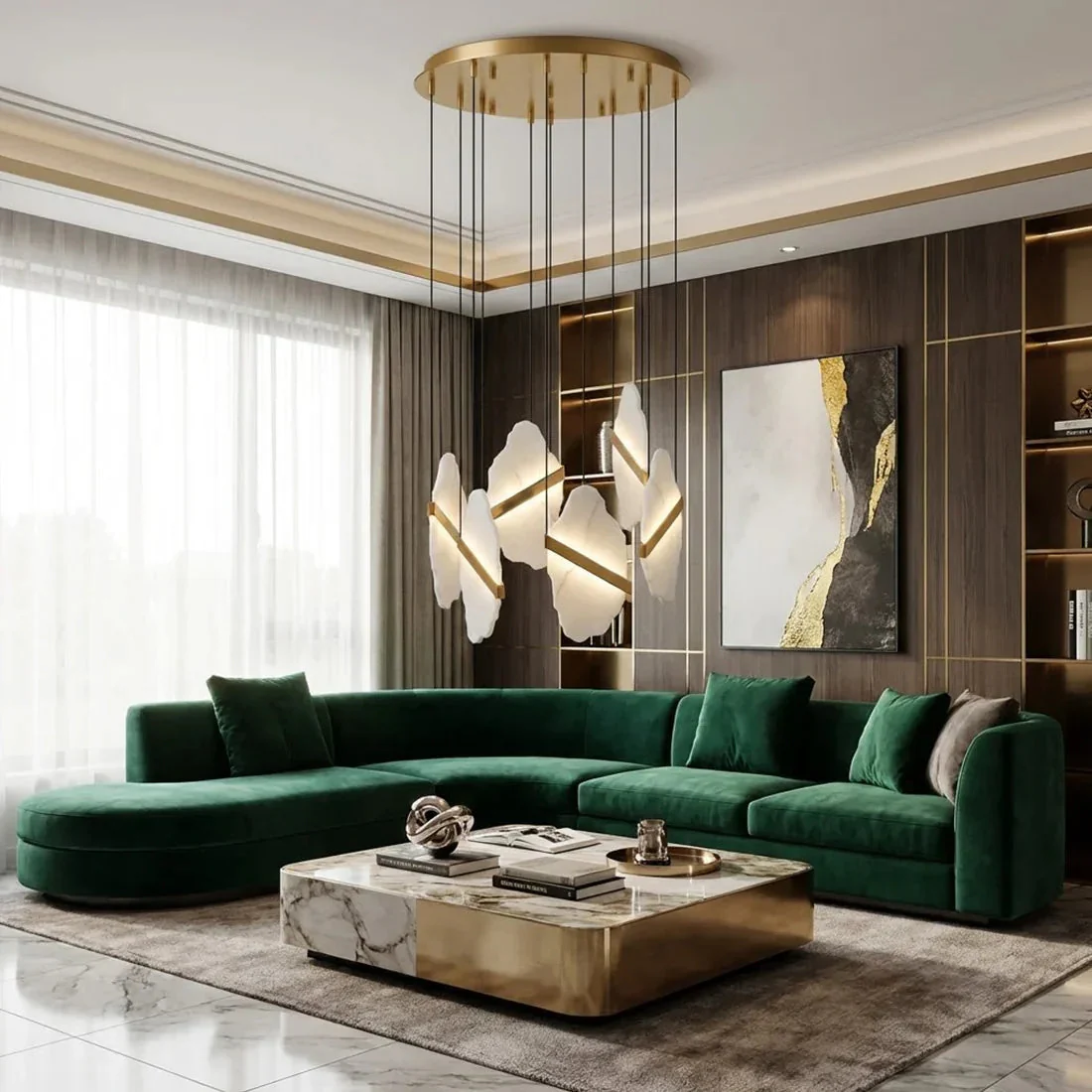Cascading Alabaster Chandelier LED Gold Modern Staircase Light - Image 9