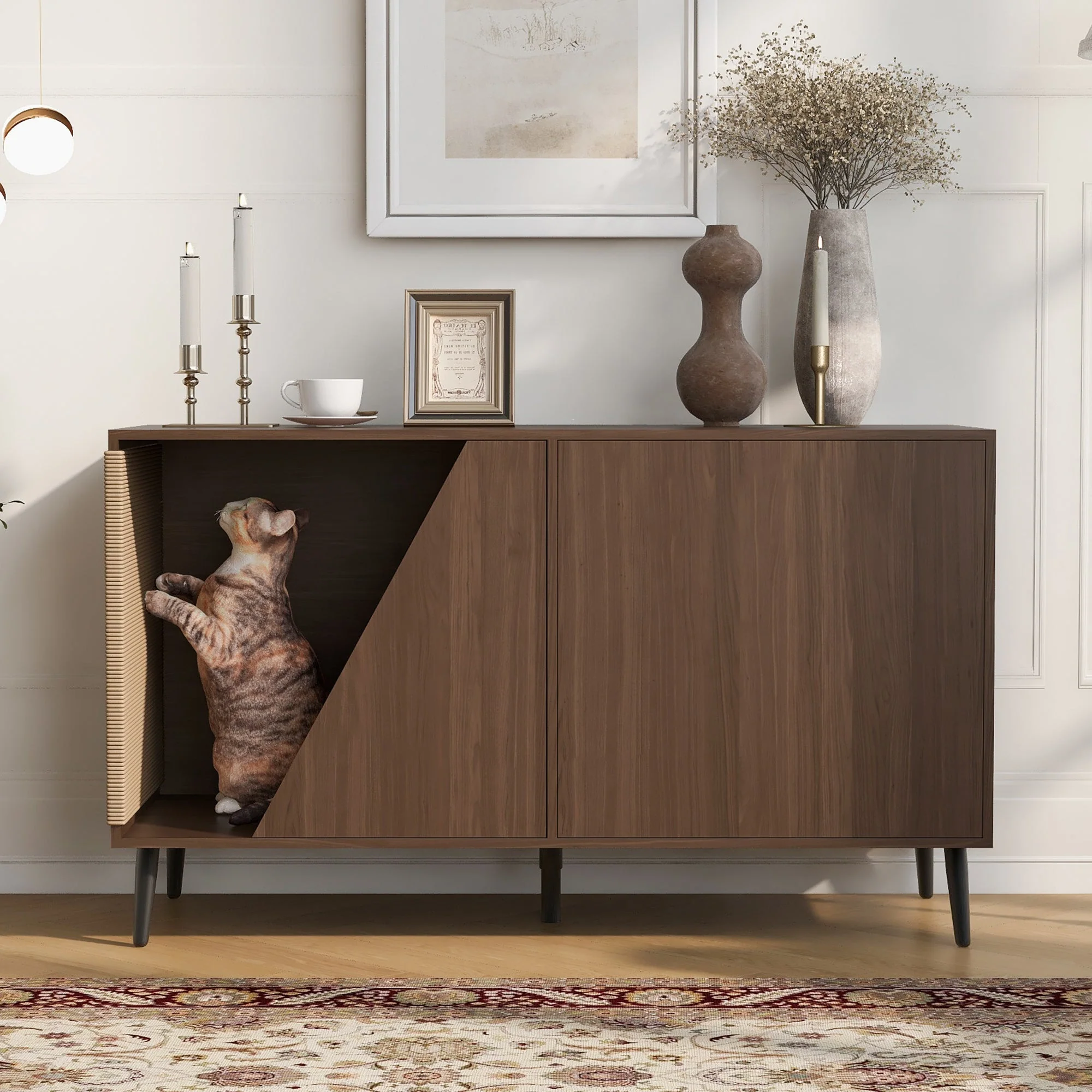 Cat Furniture 2 IN 1 Modern Walnut Cabinet Side Table With Spring-Loaded Door - Image 11