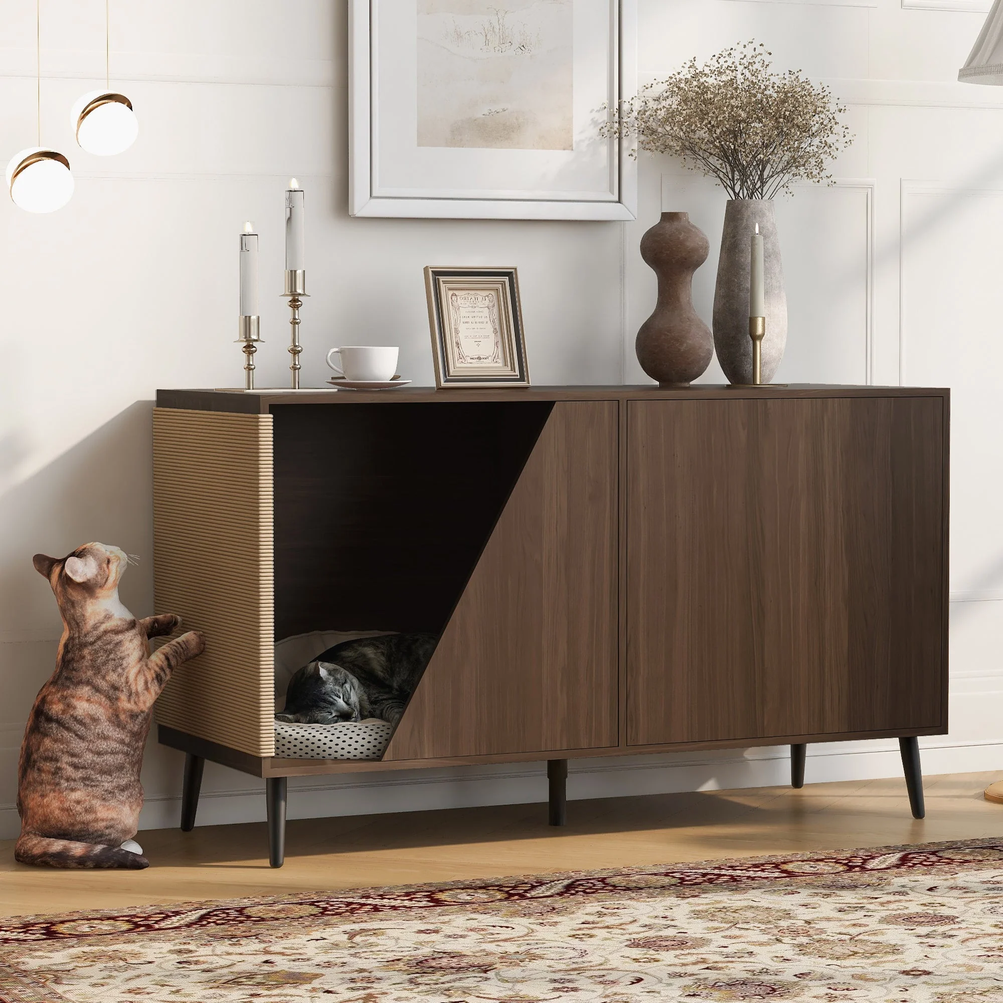 Cat Furniture 2 IN 1 Modern Walnut Cabinet Side Table With Spring-Loaded Door - Image 12