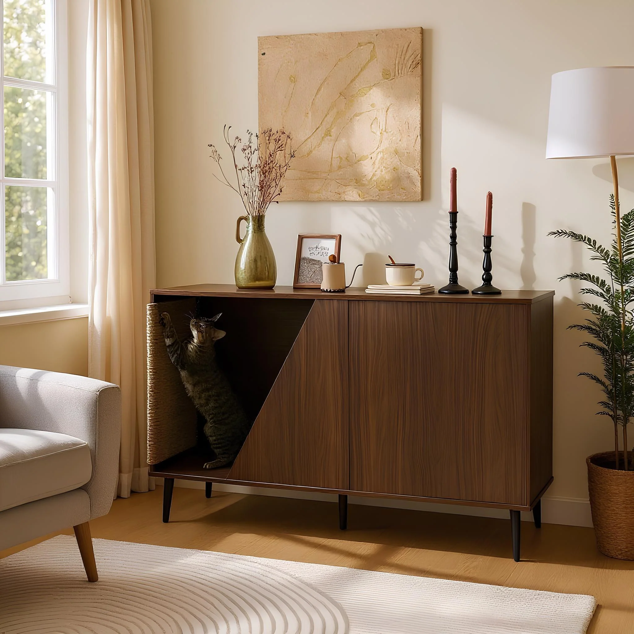 Cat Furniture 2 IN 1 Modern Walnut Cabinet Side Table With Spring-Loaded Door - Image 13