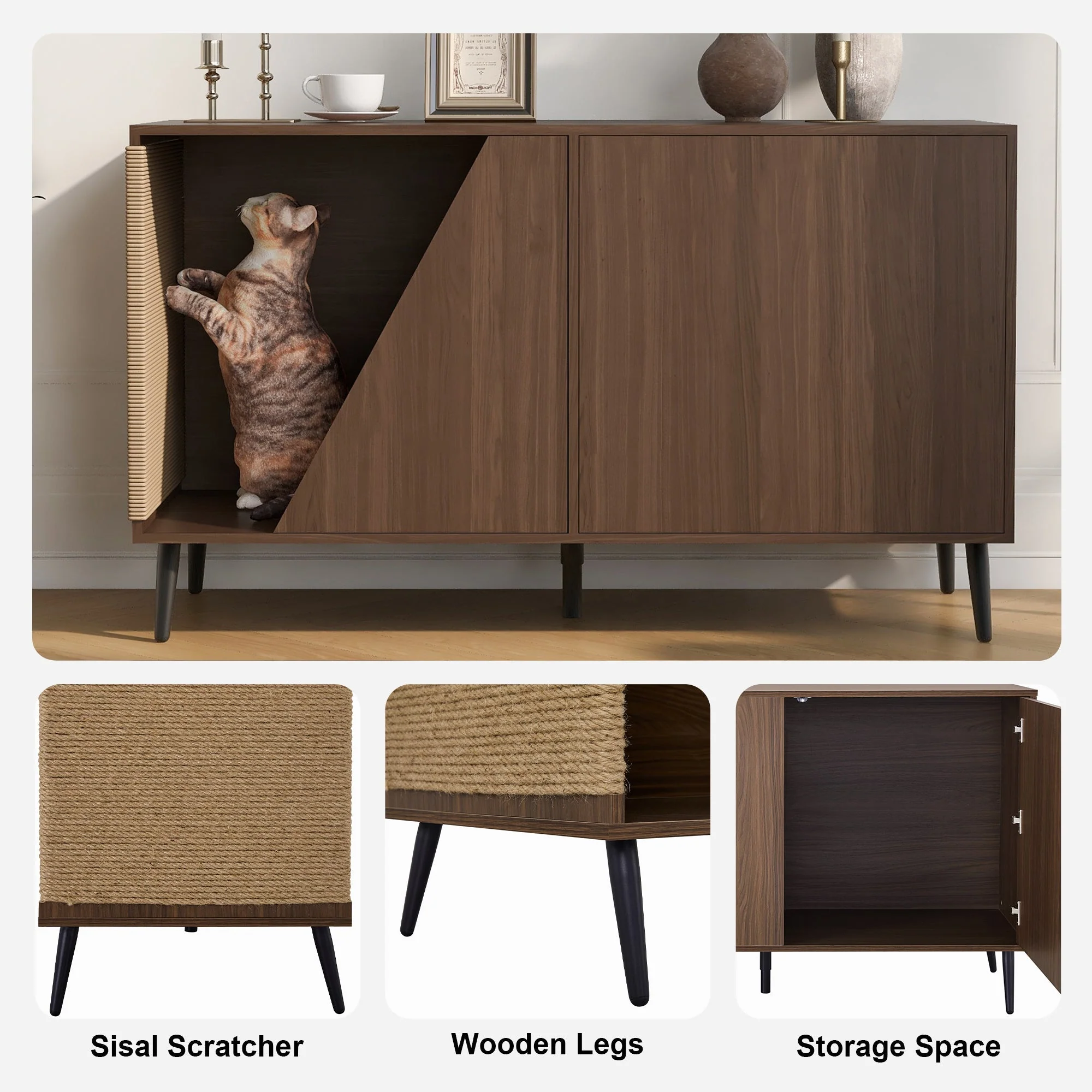 Cat Furniture 2 IN 1 Modern Walnut Cabinet Side Table With Spring-Loaded Door - Image 4