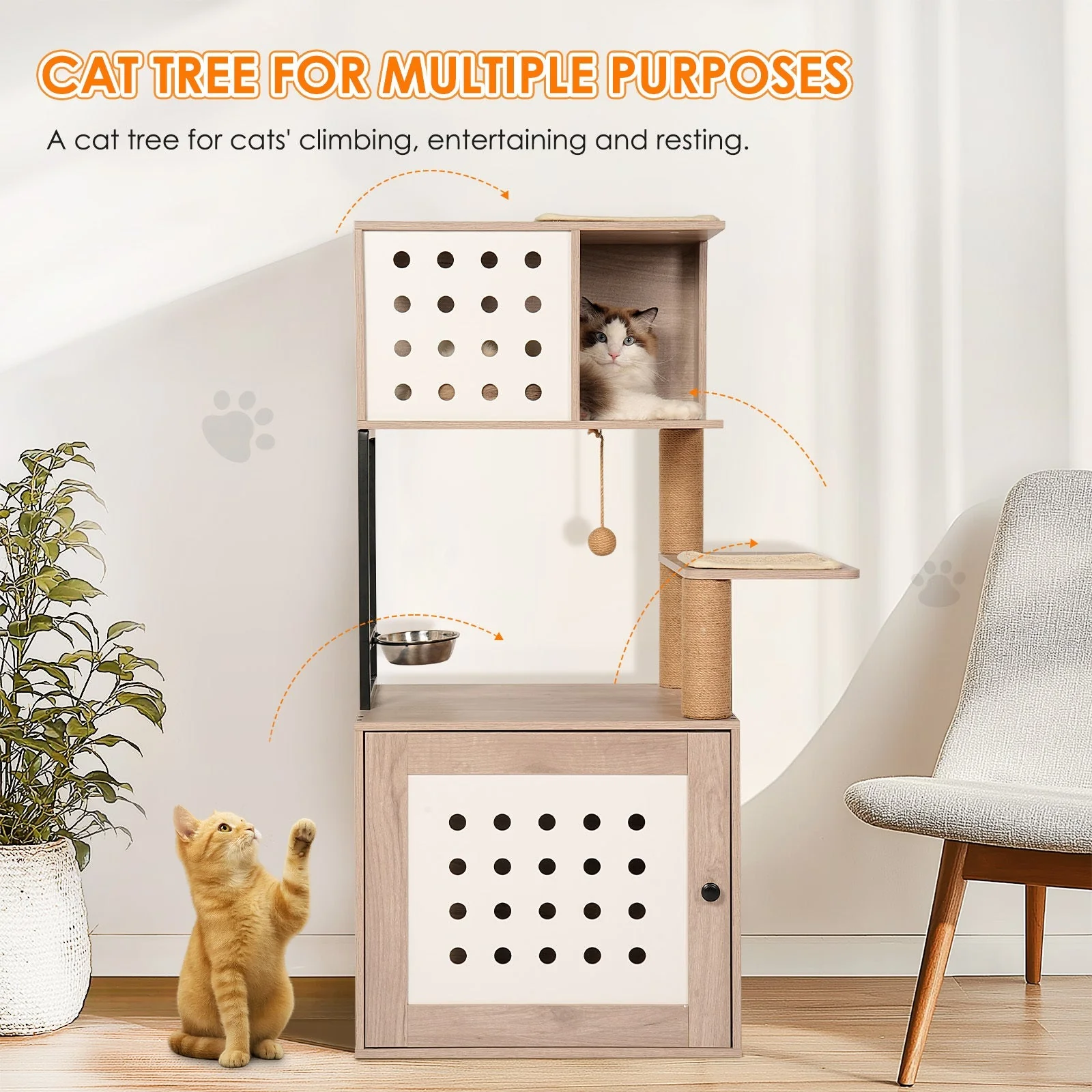 Cat Tree with Litter Box Enclosure and Large Hammock - Image 2