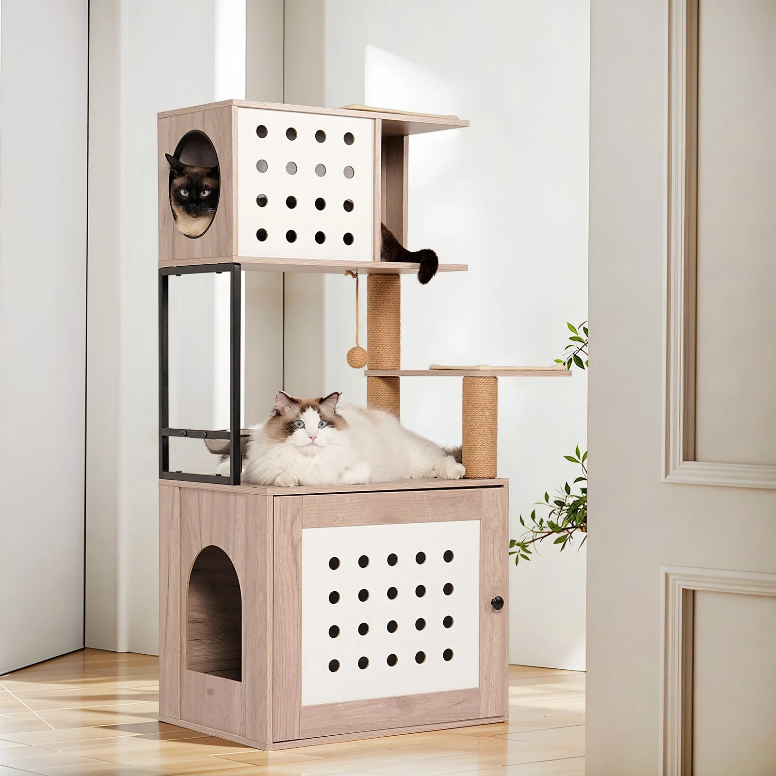 Cat Tree with Litter Box Enclosure and Large Hammock - Image 3