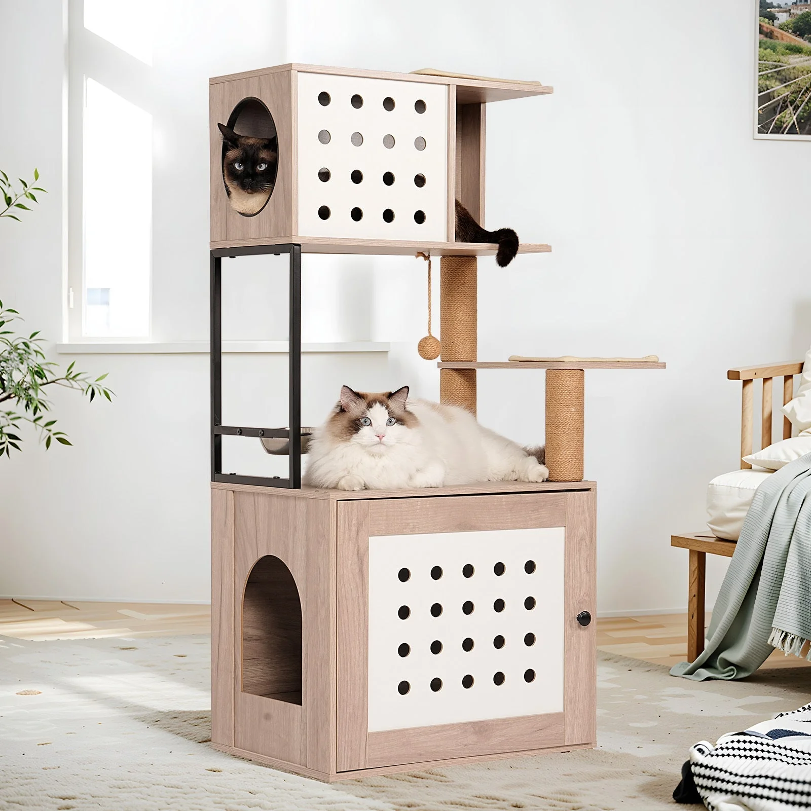 Cat Tree with Litter Box Enclosure and Large Hammock - Image 4