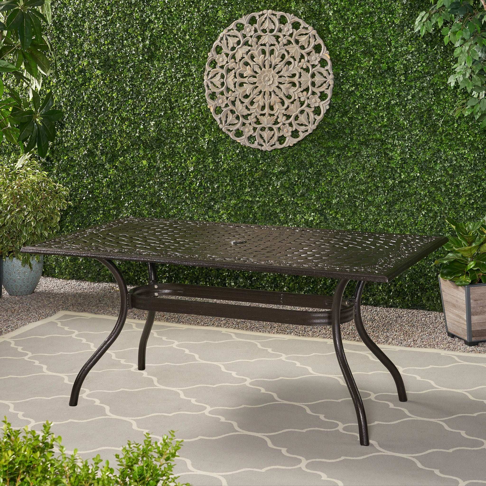 Celestine - Outdoor Cast Aluminum Dining Table With Floral Lattice Design And Umbrella Holder - Image 3