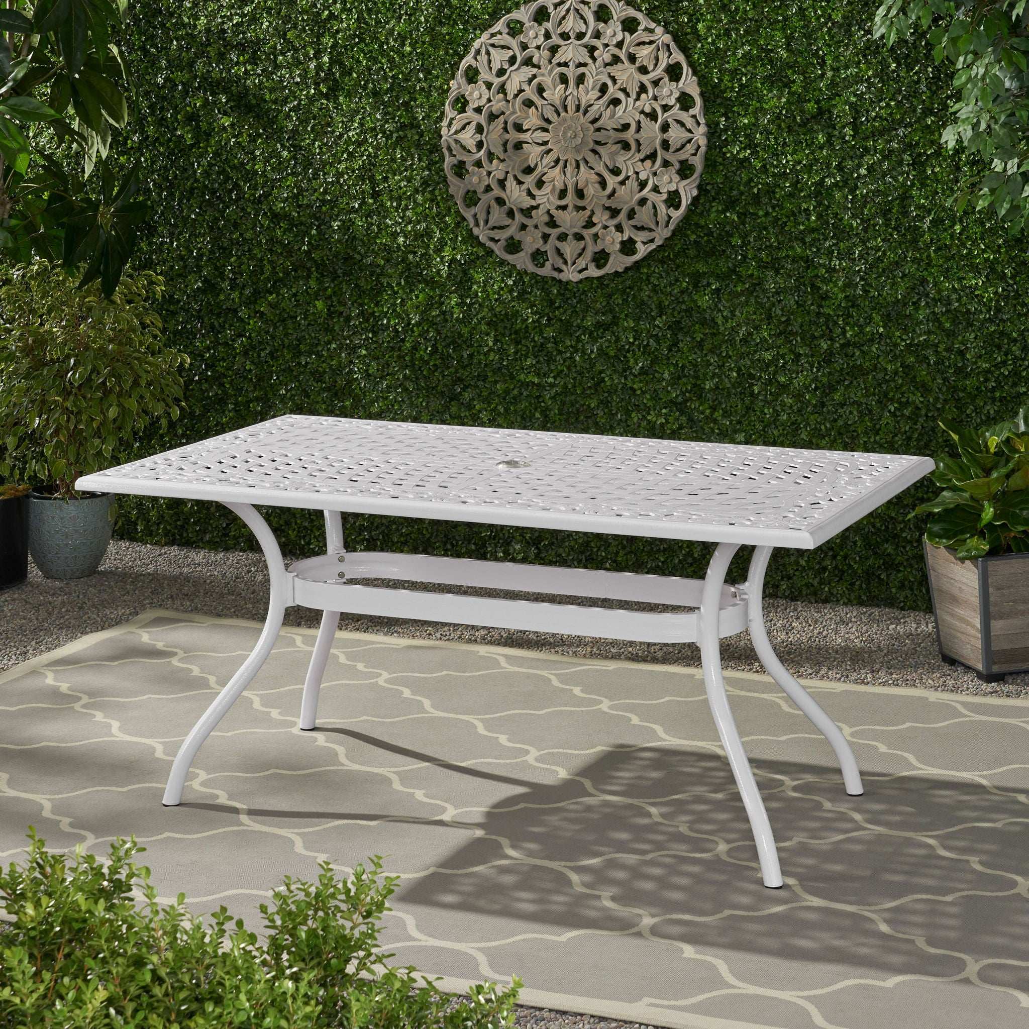Celestine - Outdoor Cast Aluminum Dining Table With Floral Lattice Design And Umbrella Holder - Image 7