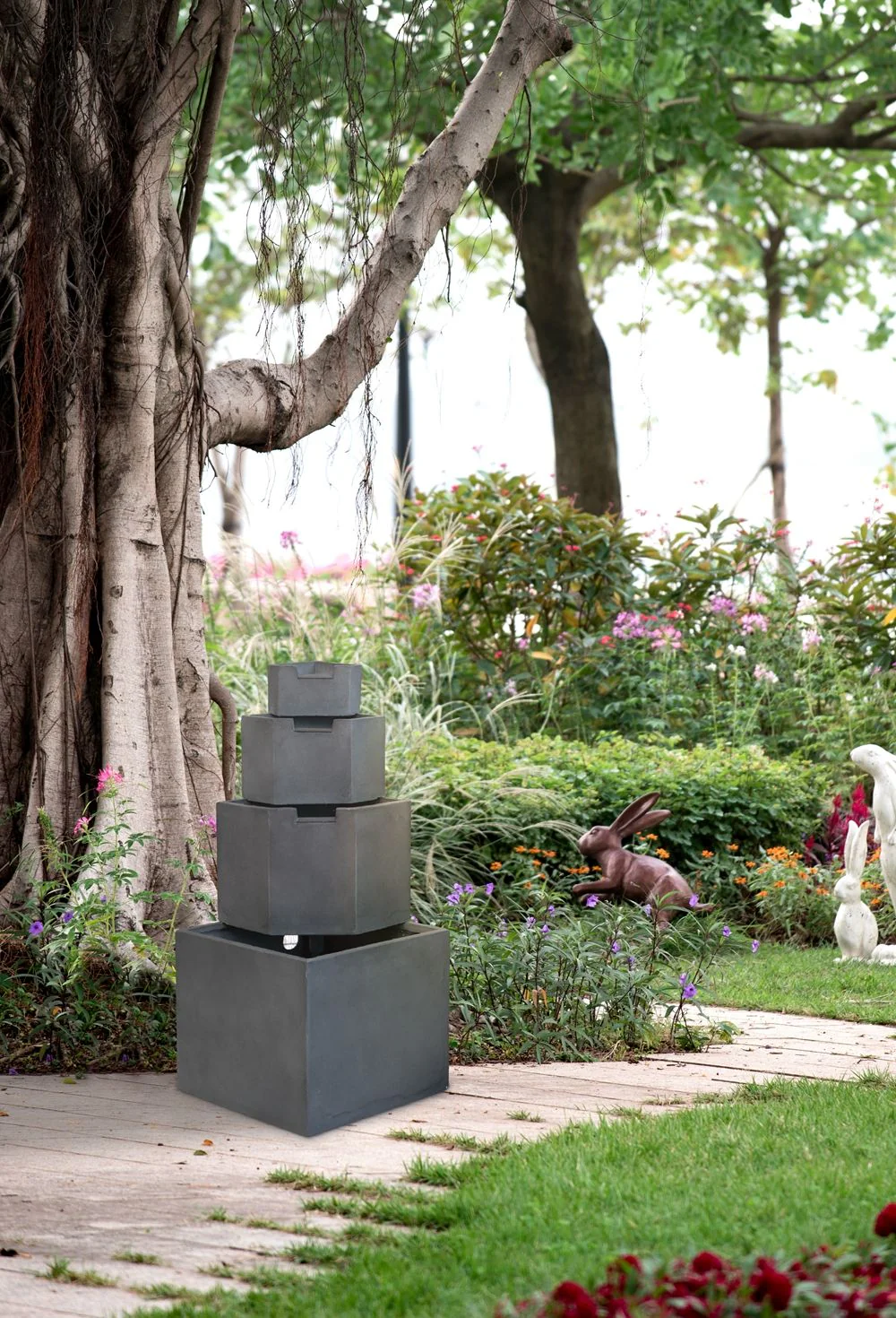 Cement 4 Tier Block Water Fountain Outdoor - Gray - Image 3