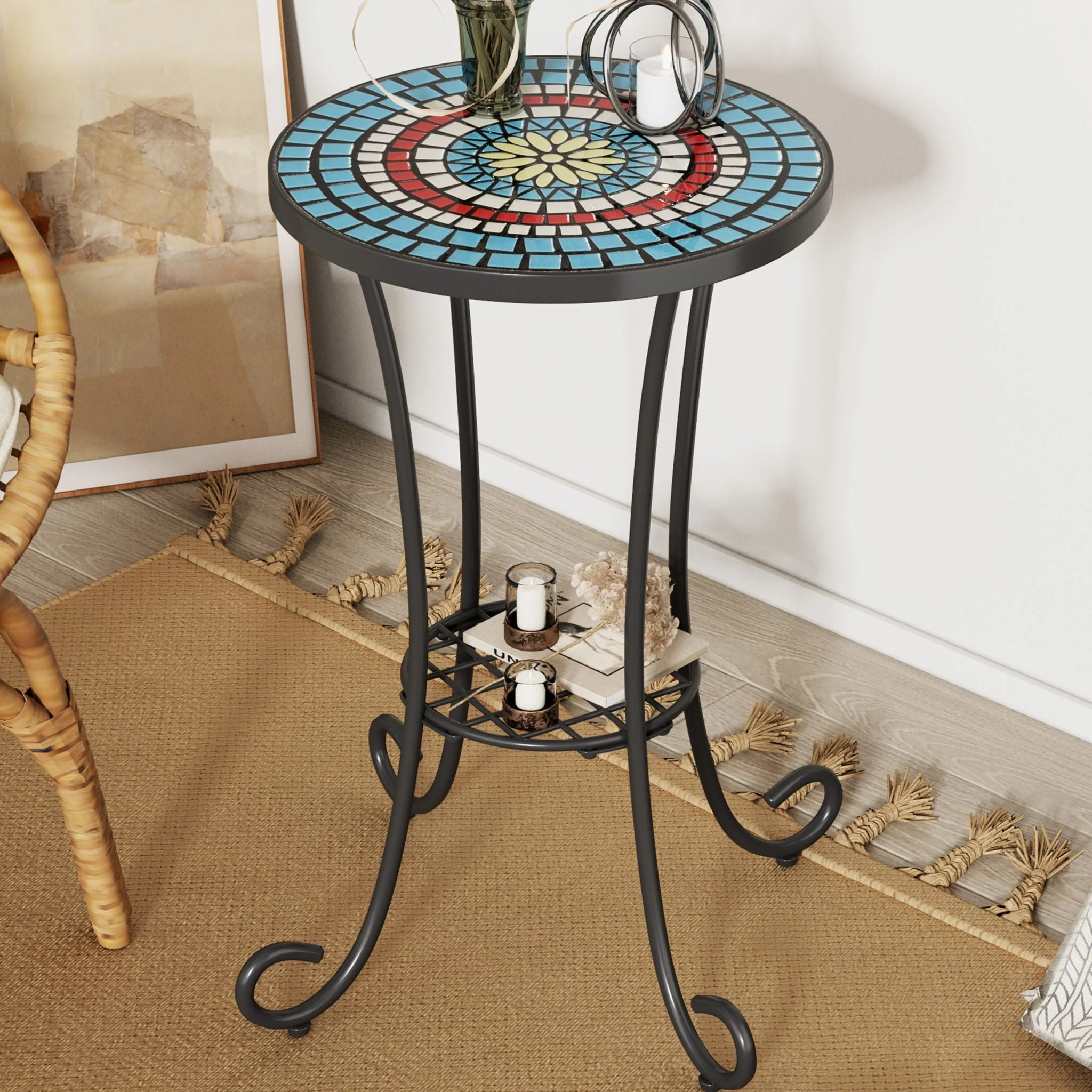 Ceramic Tile and Iron Patio Side Table with Shelf - Image 3