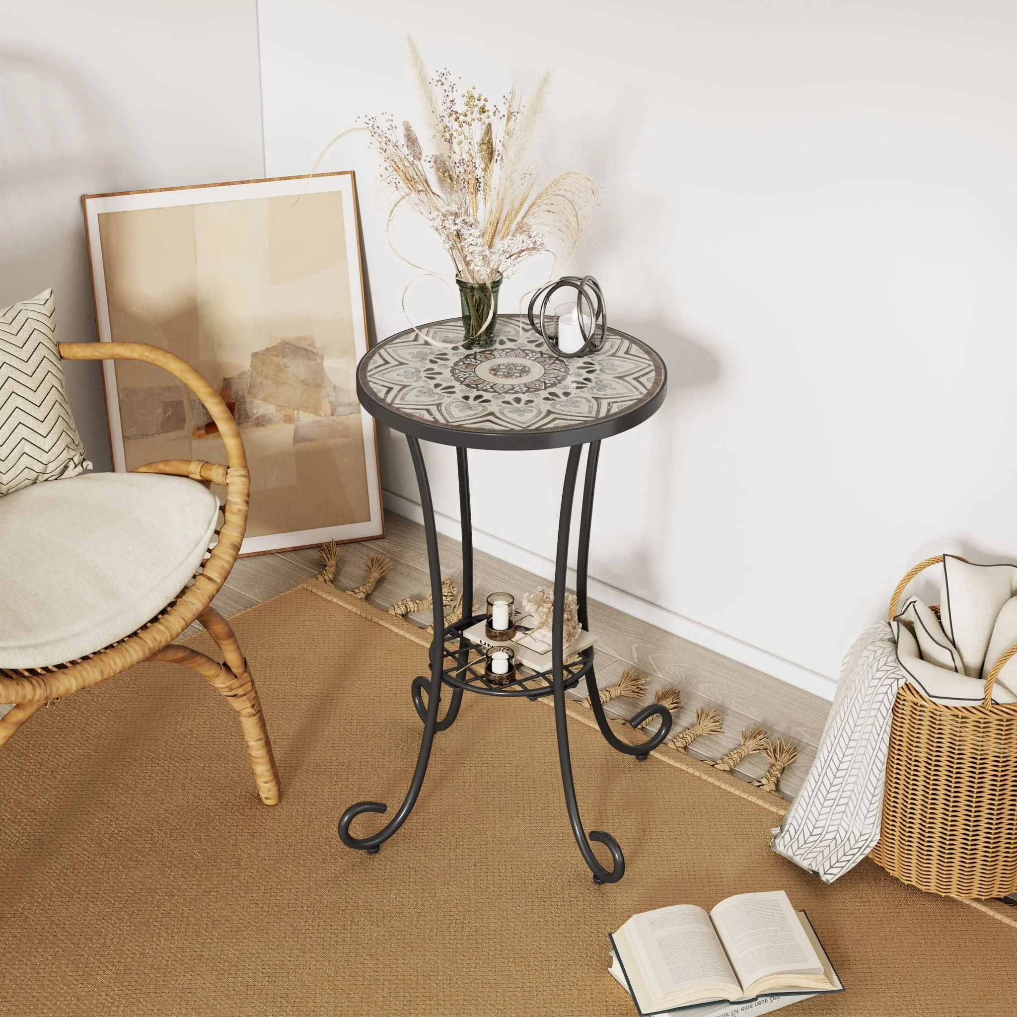 Ceramic Tile and Iron Patio Side Table with Shelf - Image 5