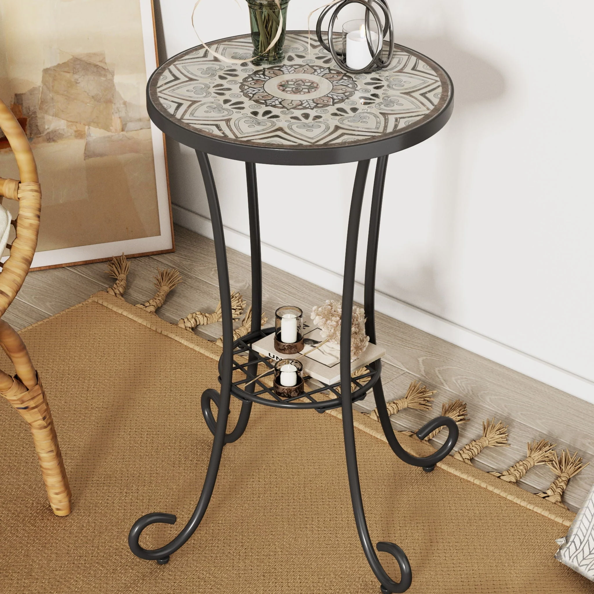 Ceramic Tile and Iron Patio Side Table with Shelf - Image 6