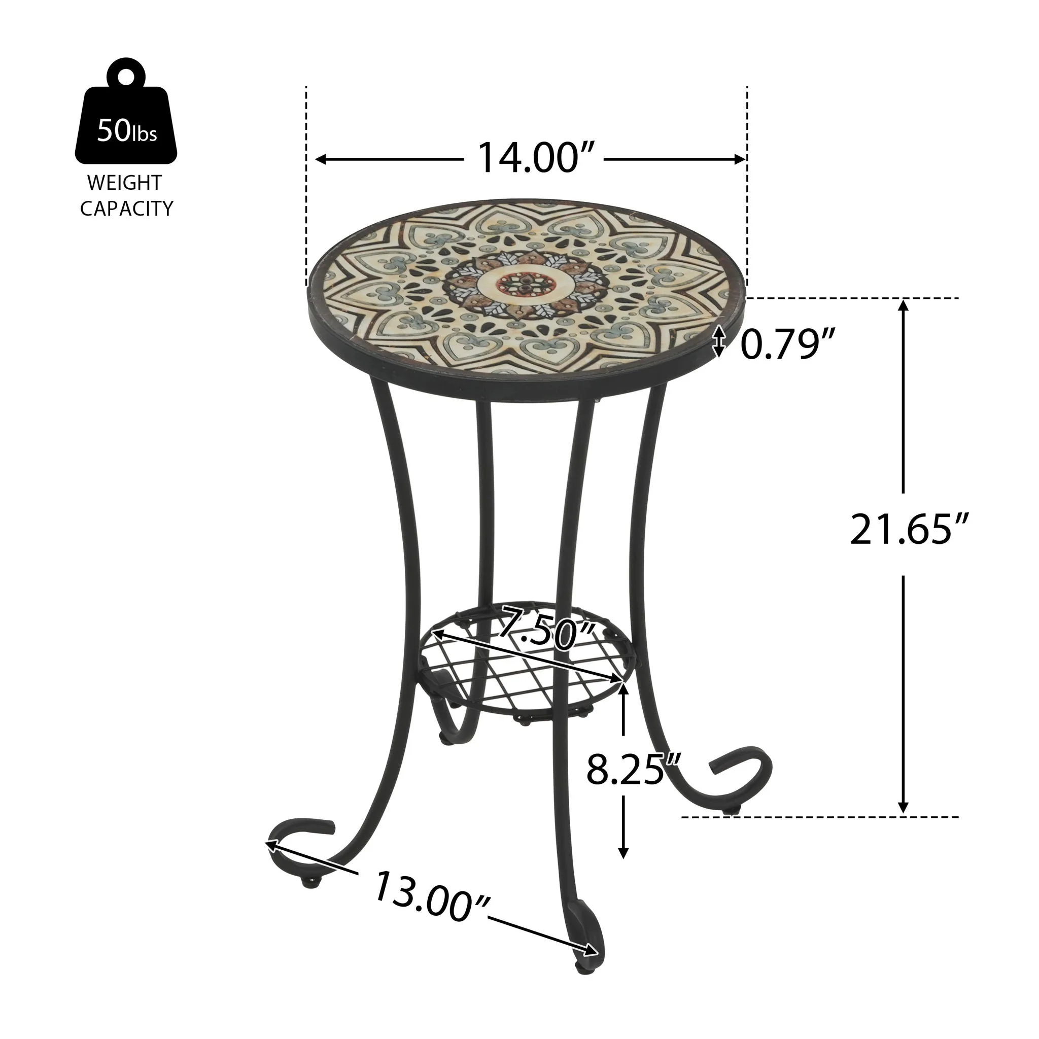 Ceramic Tile and Iron Patio Side Table with Shelf - Image 7