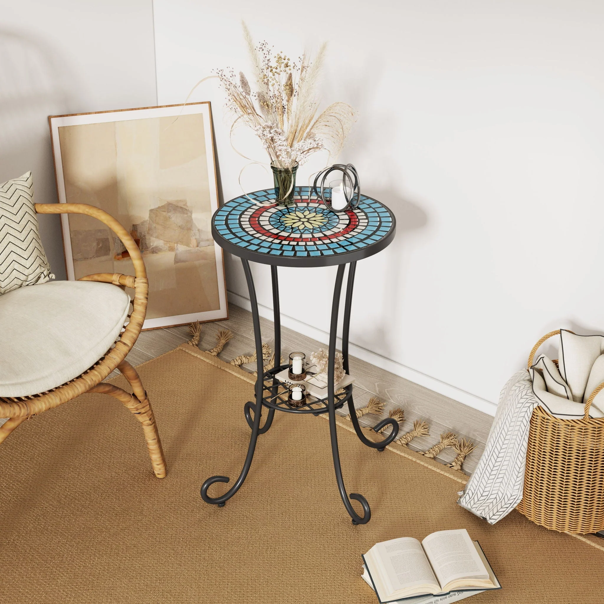 Ceramic Tile and Iron Patio Side Table with Shelf - Image 8