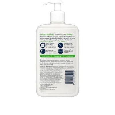 CeraVe Hydrating Cream-to-Foam Face Wash with Hyaluronic Acid 16 fl oz - New - Image 2
